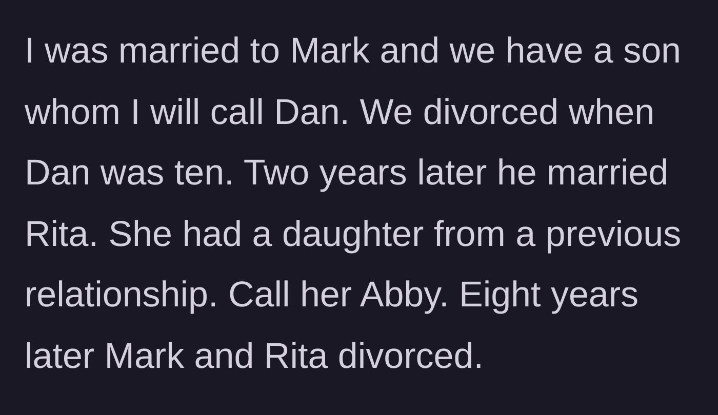 Story part 1 - Setting the stage: the marriage, the birth of Dan, the divorce, and Mark's subsequent marriage and divorce from Rita, who has a daughter named Abby.