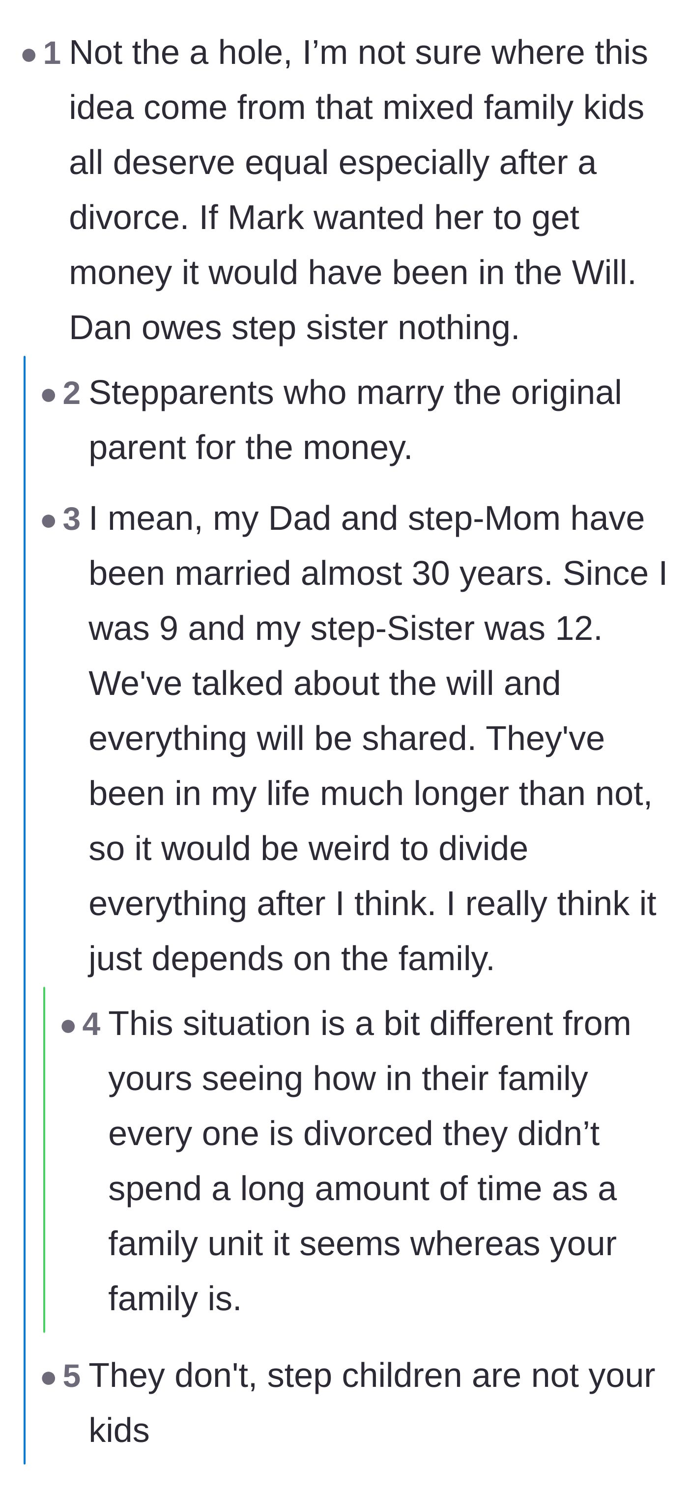 Comment thread 2 - Debate on whether financial expectations in blended families should survive a divorce.