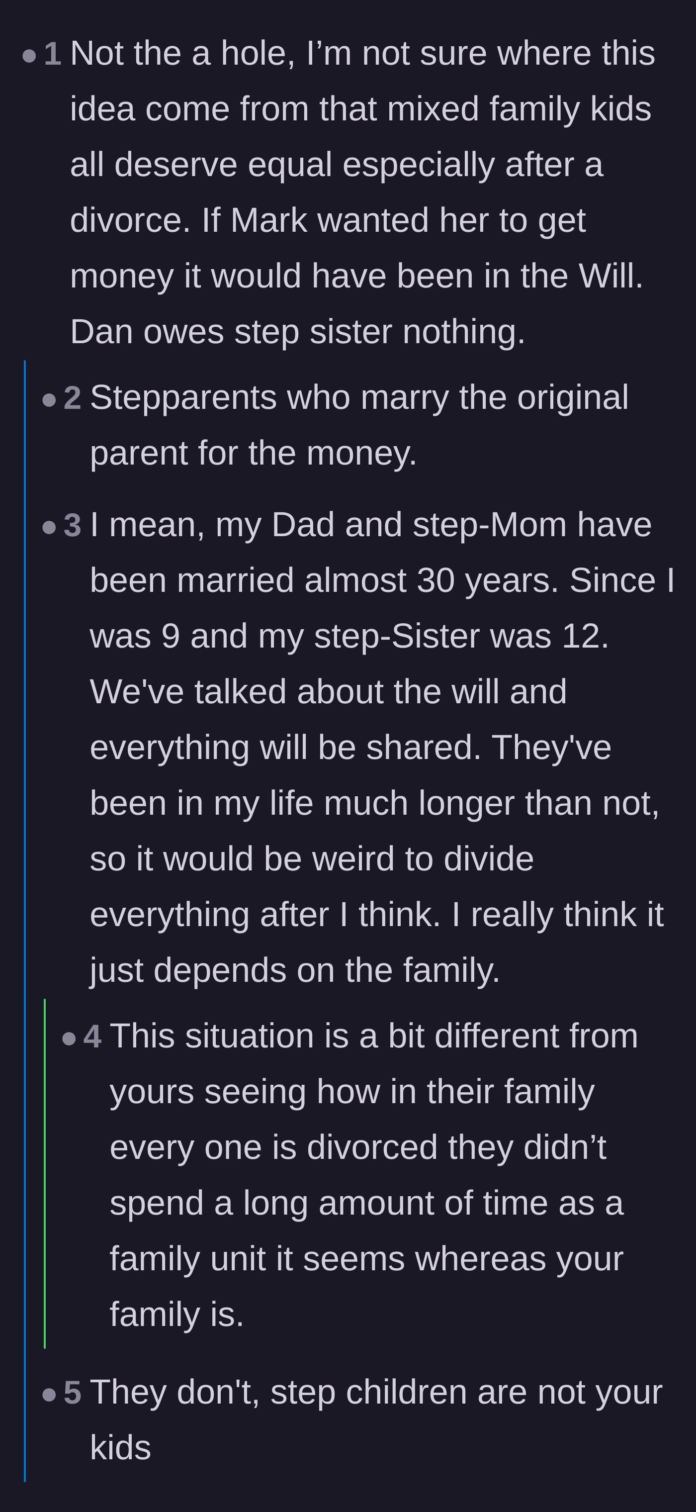 Comment thread 2 - Debate on whether financial expectations in blended families should survive a divorce.