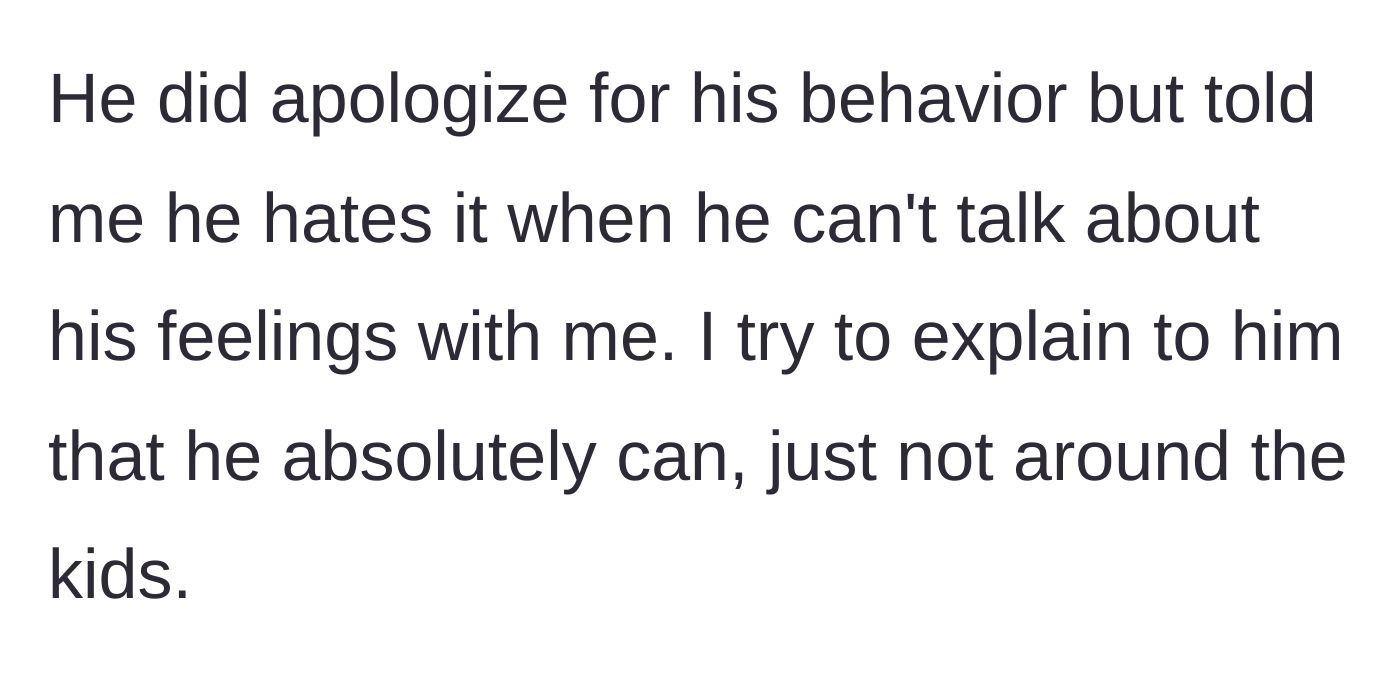 Story part 7 - The partner apologizes but expresses frustration over not being able to vent his feelings immediately, while she reaffirms the boundary.