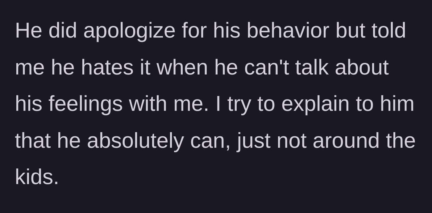 Story part 7 - The partner apologizes but expresses frustration over not being able to vent his feelings immediately, while she reaffirms the boundary.