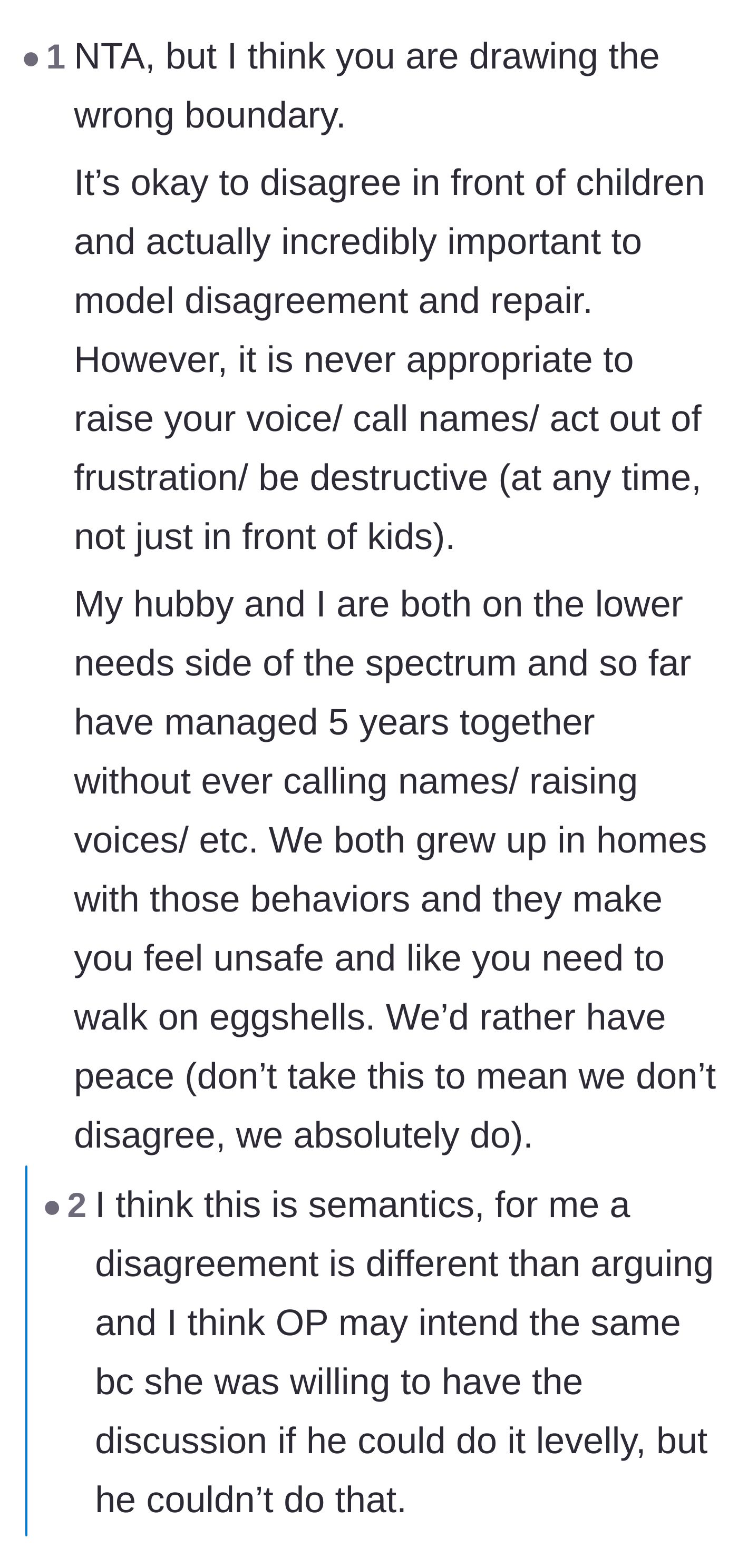 Comment thread 2 - A nuanced discussion on the crucial difference between modeling a healthy disagreement and subjecting kids to a volatile argument.