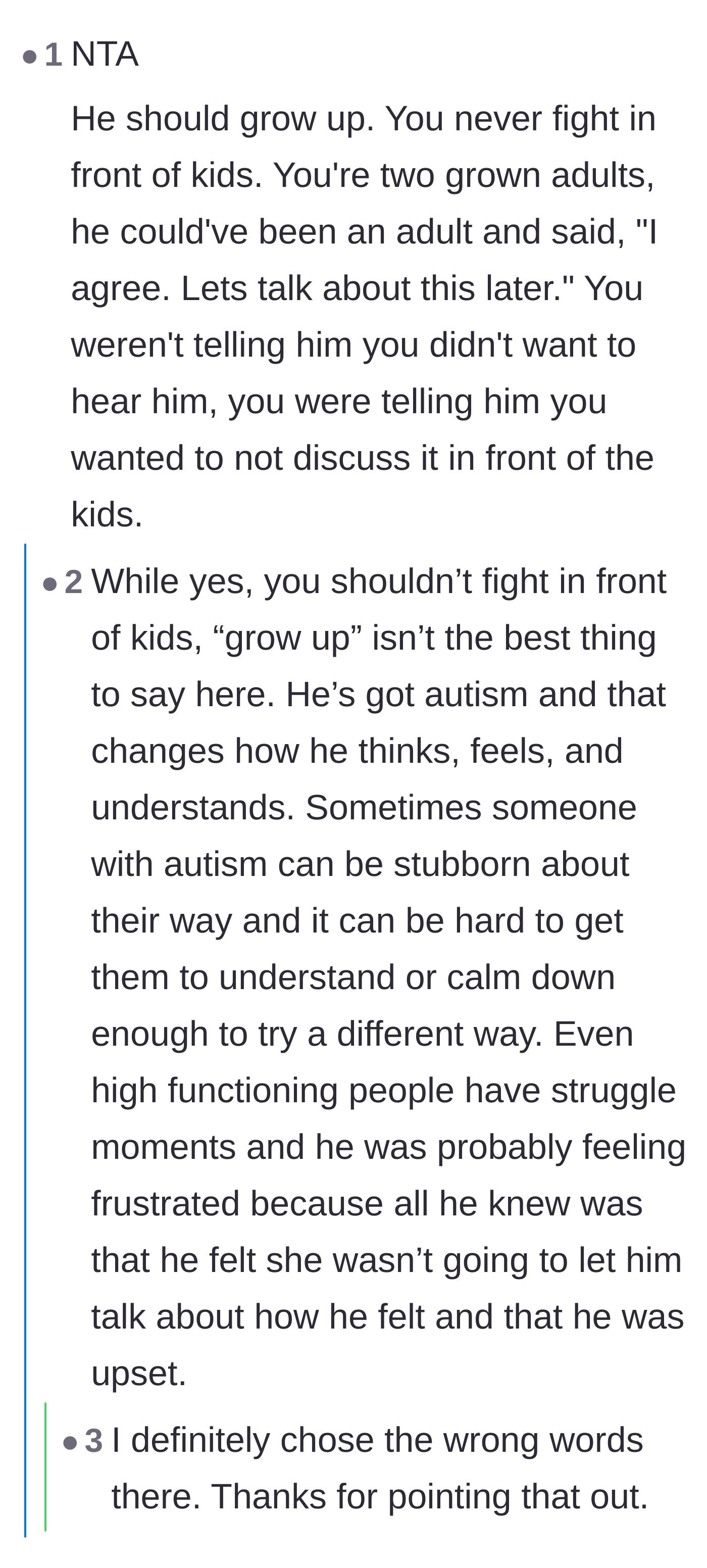 Comment thread 3 - A surprisingly wholesome exchange where commenters politely correct each other about using ableist language and model healthy conflict resolution.