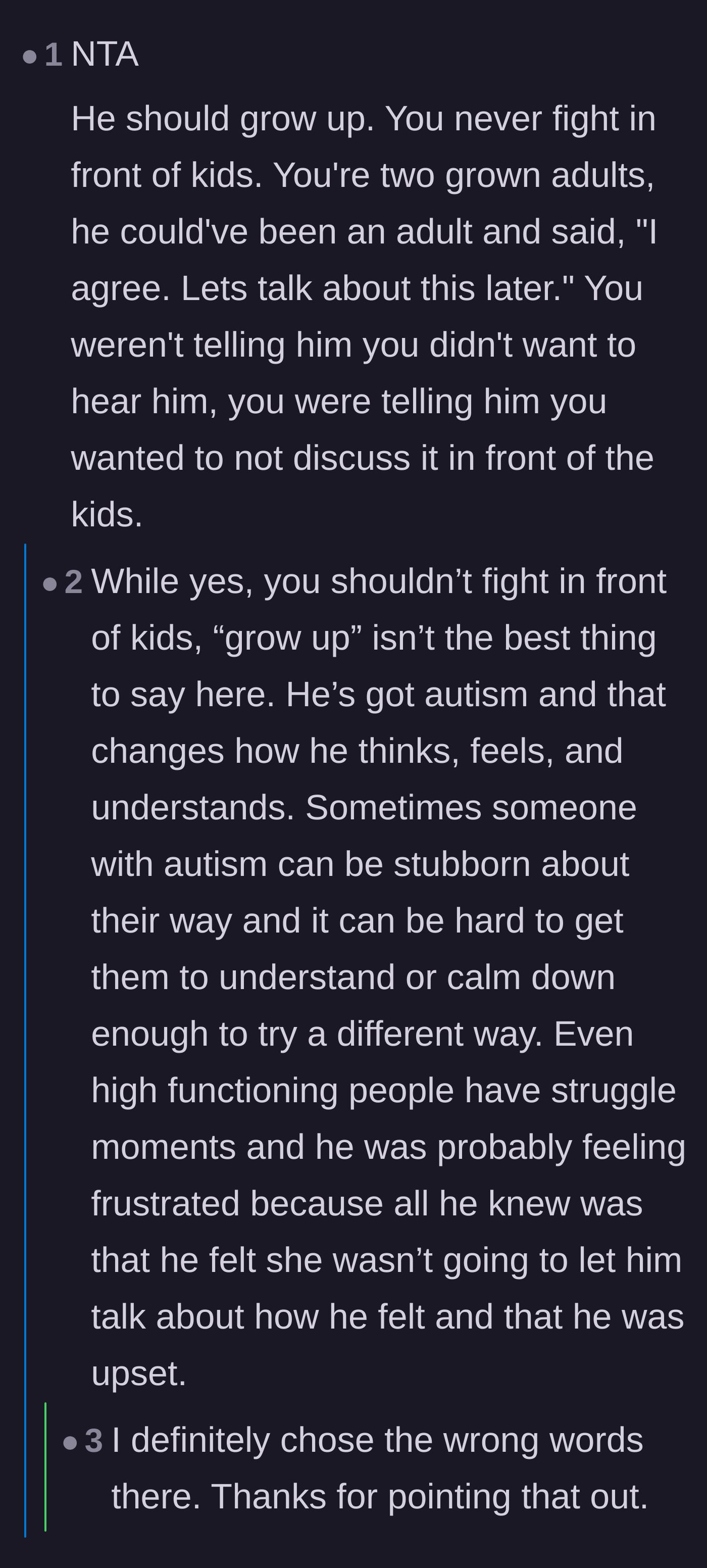 Comment thread 3 - A surprisingly wholesome exchange where commenters politely correct each other about using ableist language and model healthy conflict resolution.