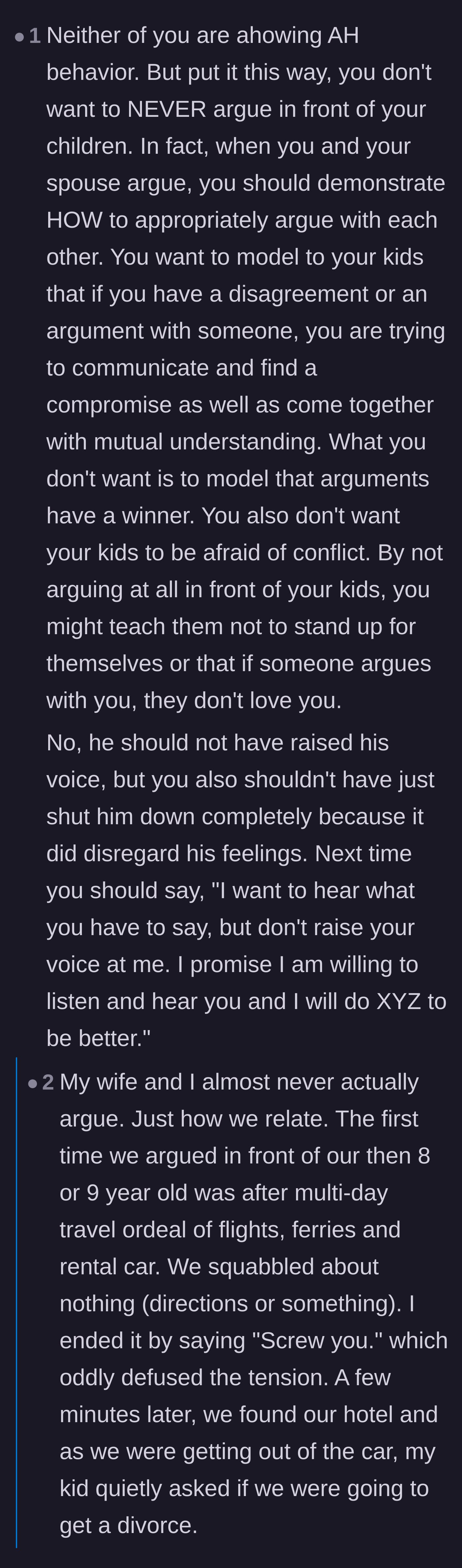 Comment thread 4 - Personal anecdotes revealing how completely hiding marital conflict can leave children terrified of normal disagreements.