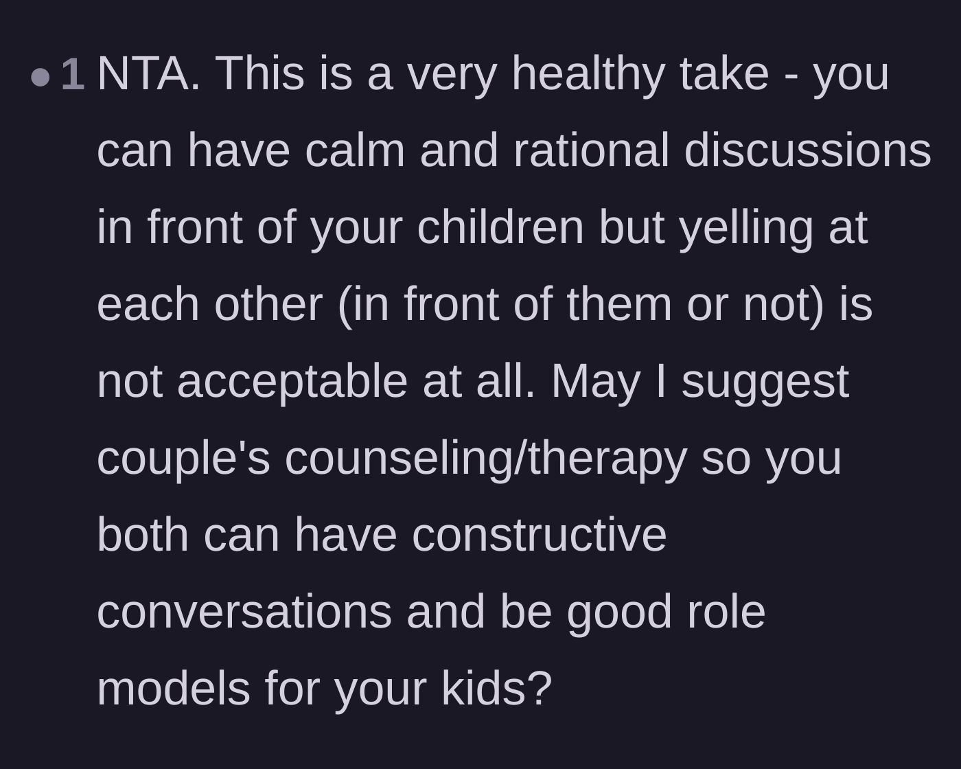 Comment thread 6 - A straightforward validation of the author's boundary, paired with a recommendation for couples counseling.