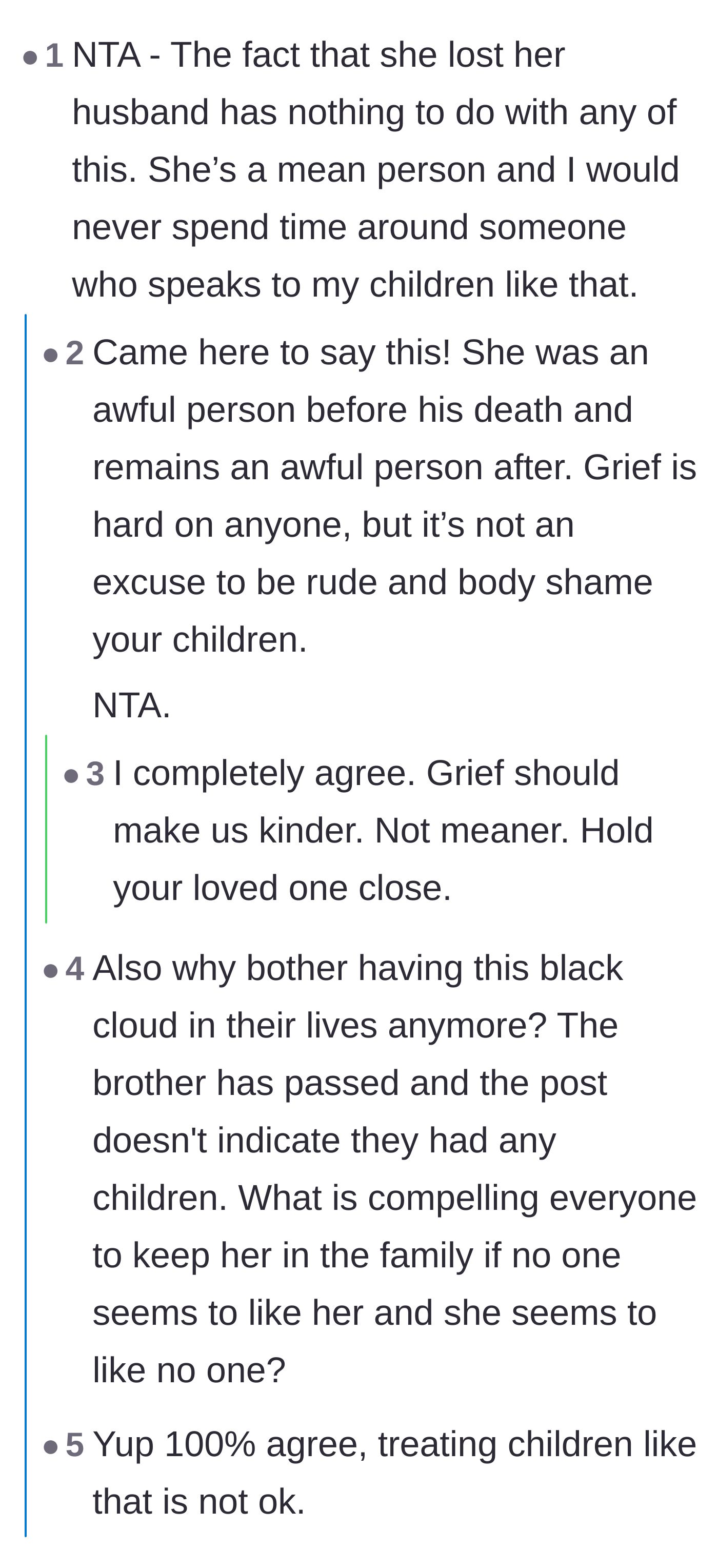 Comment thread 1 - Discussing the widow's history of bad behavior and questioning her continued place in the family.