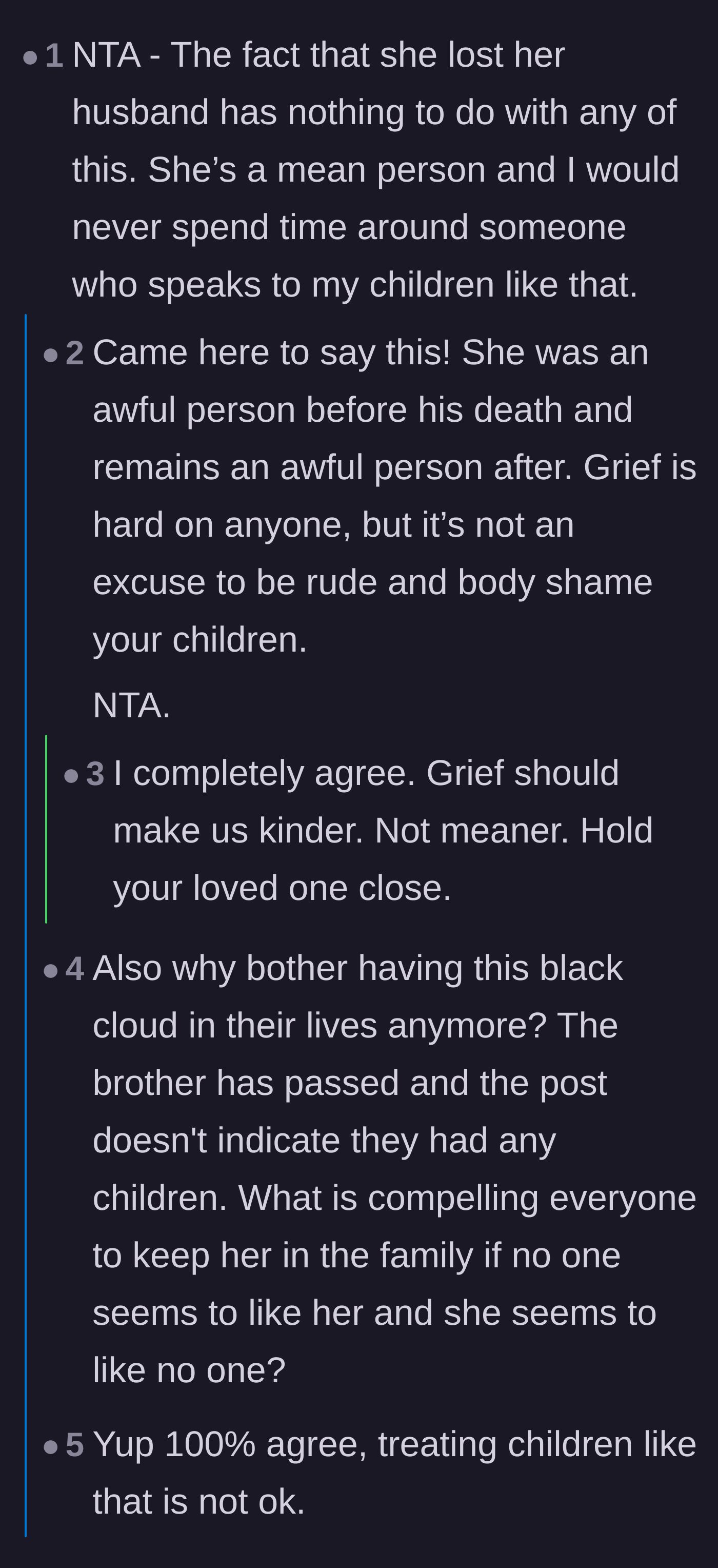 Comment thread 1 - Discussing the widow's history of bad behavior and questioning her continued place in the family.