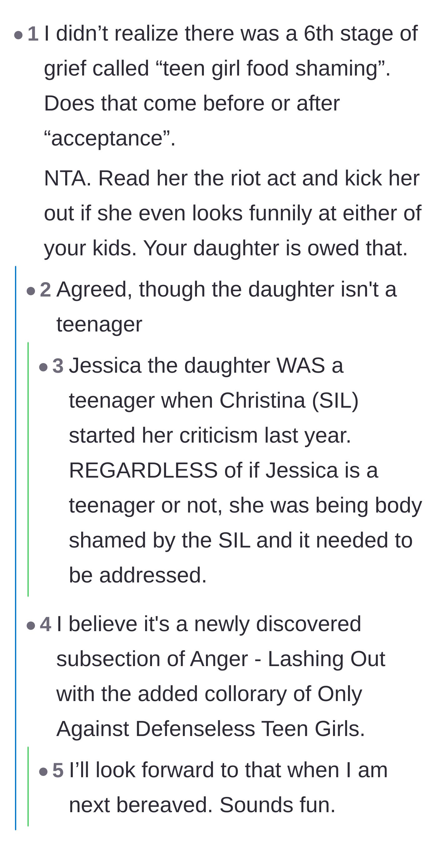 Comment thread 2 - Sarcastic remarks about the so-called sixth stage of grief being body-shaming.