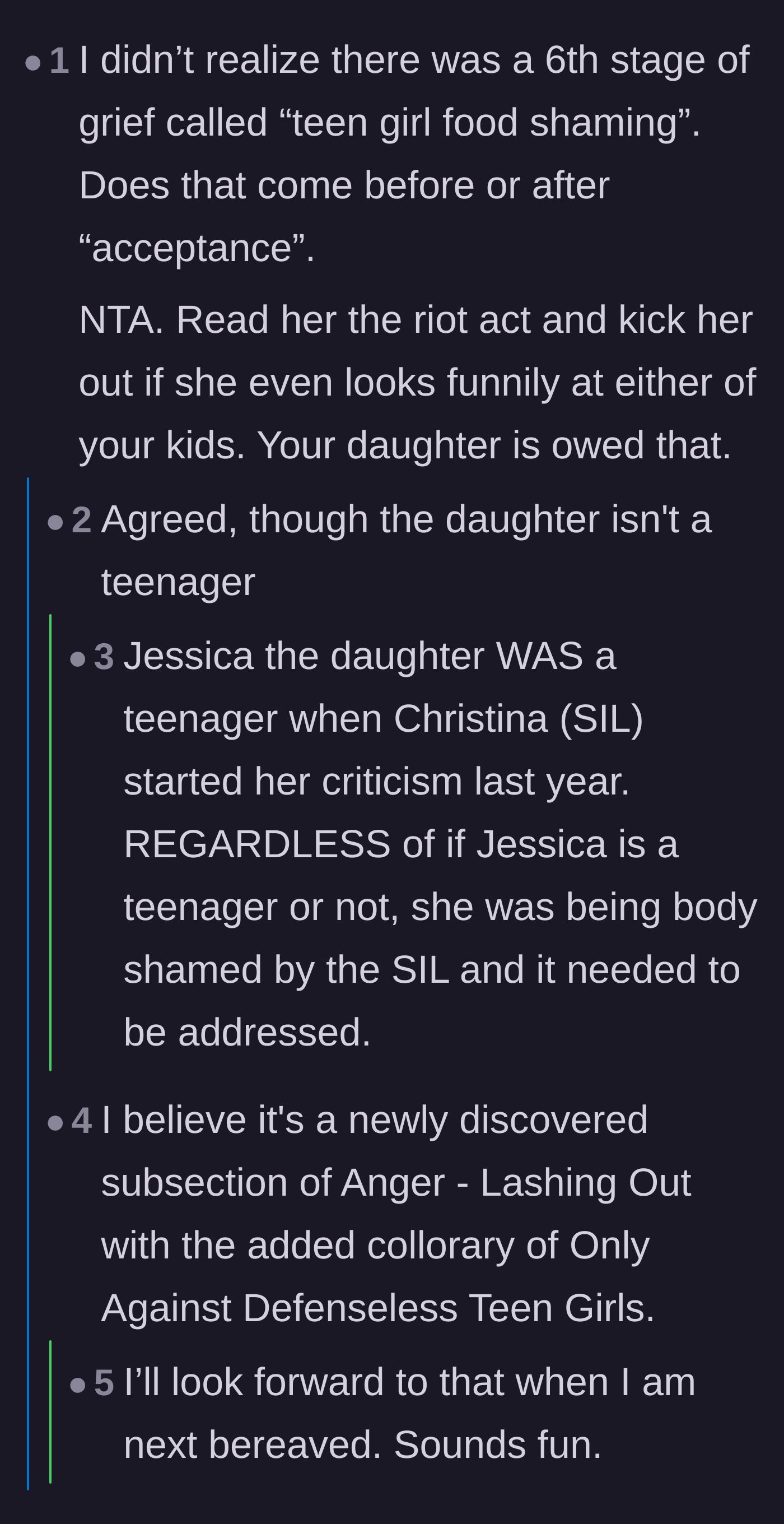 Comment thread 2 - Sarcastic remarks about the so-called sixth stage of grief being body-shaming.