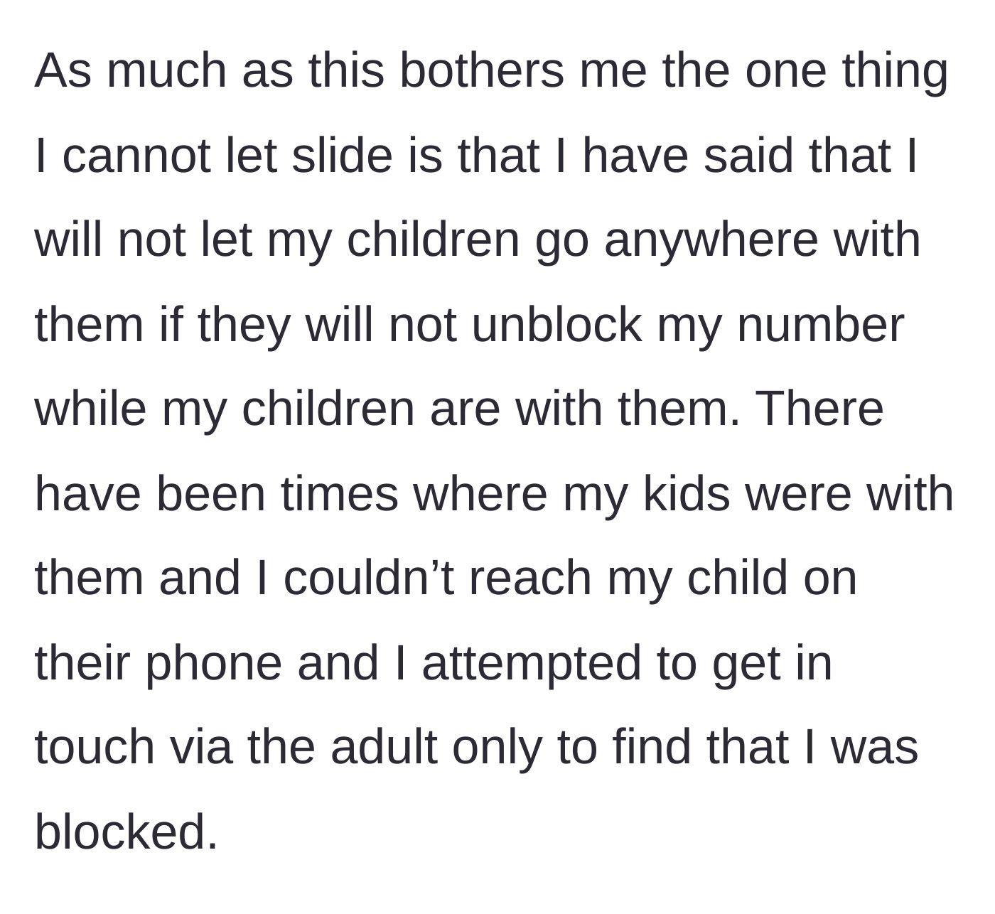 Story part 3 - Mother sets a hard boundary requiring the in-laws to unblock her phone number while they are watching the kids.