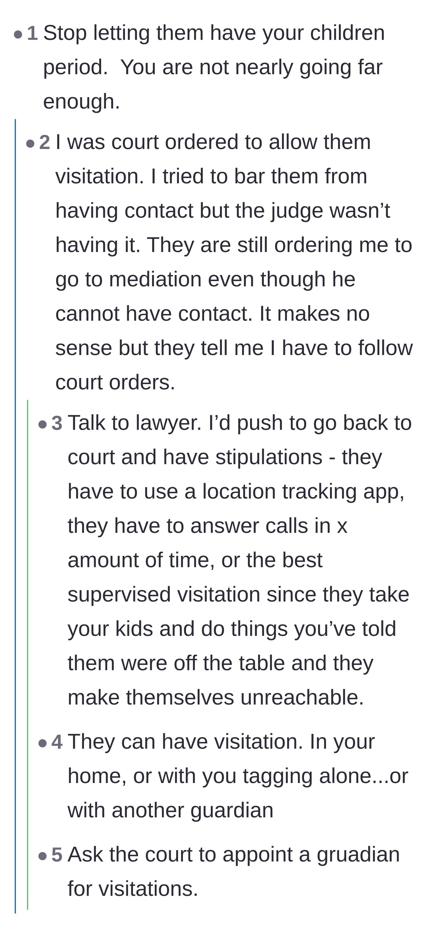 Comment thread 2 - A debate on how to legally enforce boundaries when family court mandates visitation with hostile in-laws.