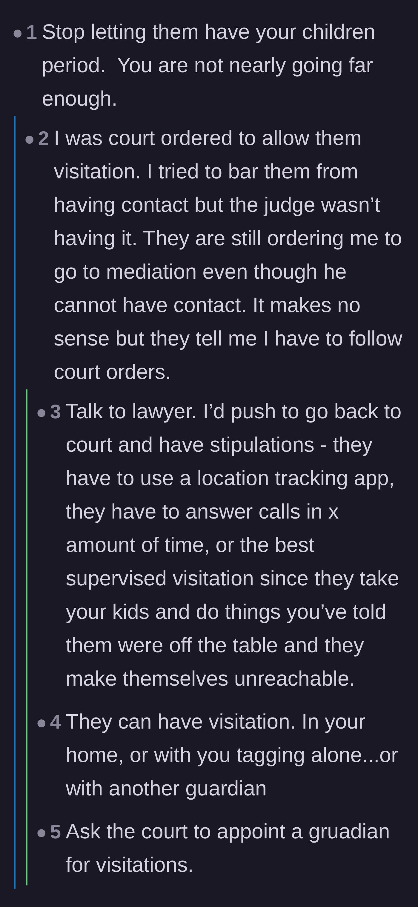 Comment thread 2 - A debate on how to legally enforce boundaries when family court mandates visitation with hostile in-laws.