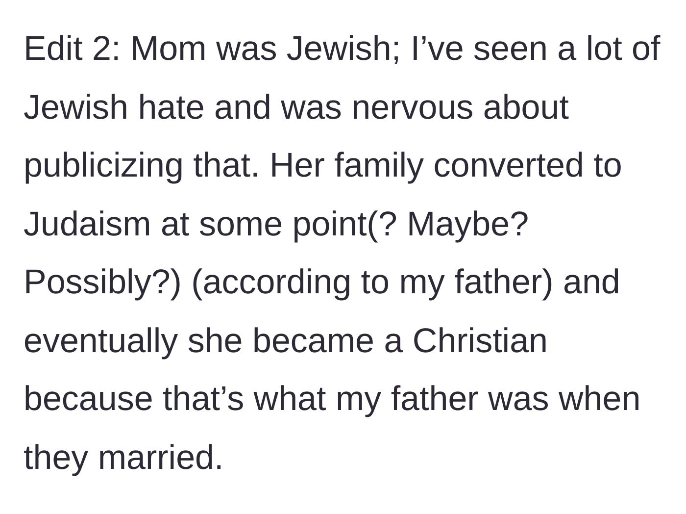 Story part 12 - The author clarifies her mother's Jewish heritage and her hesitation to share those details due to fear of prejudice.