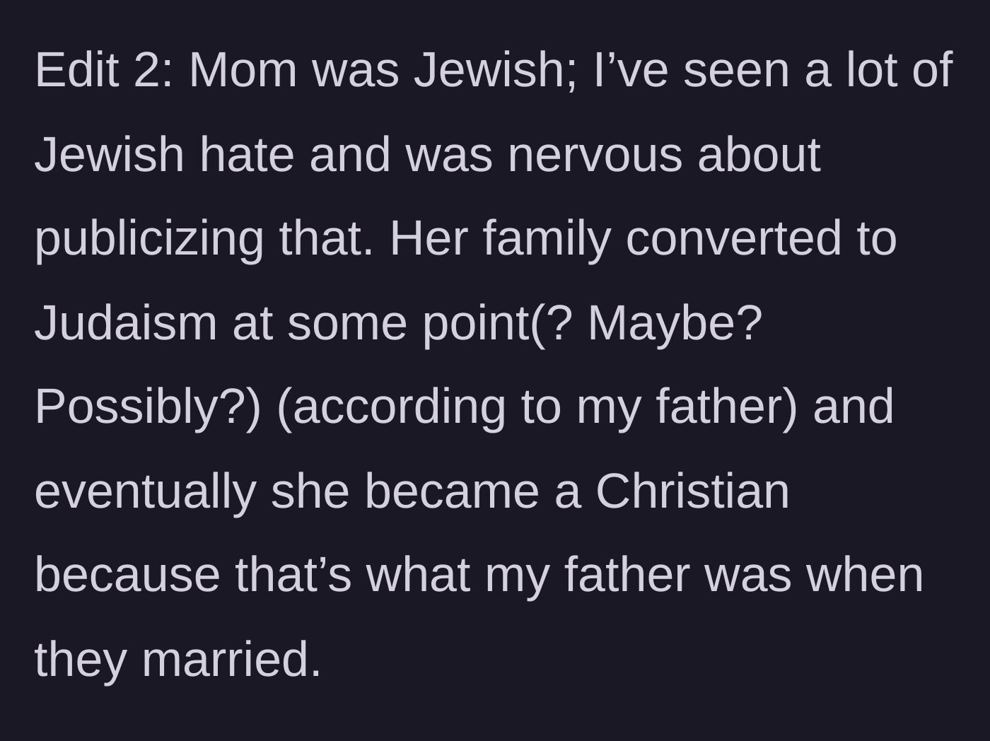 Story part 12 - The author clarifies her mother's Jewish heritage and her hesitation to share those details due to fear of prejudice.