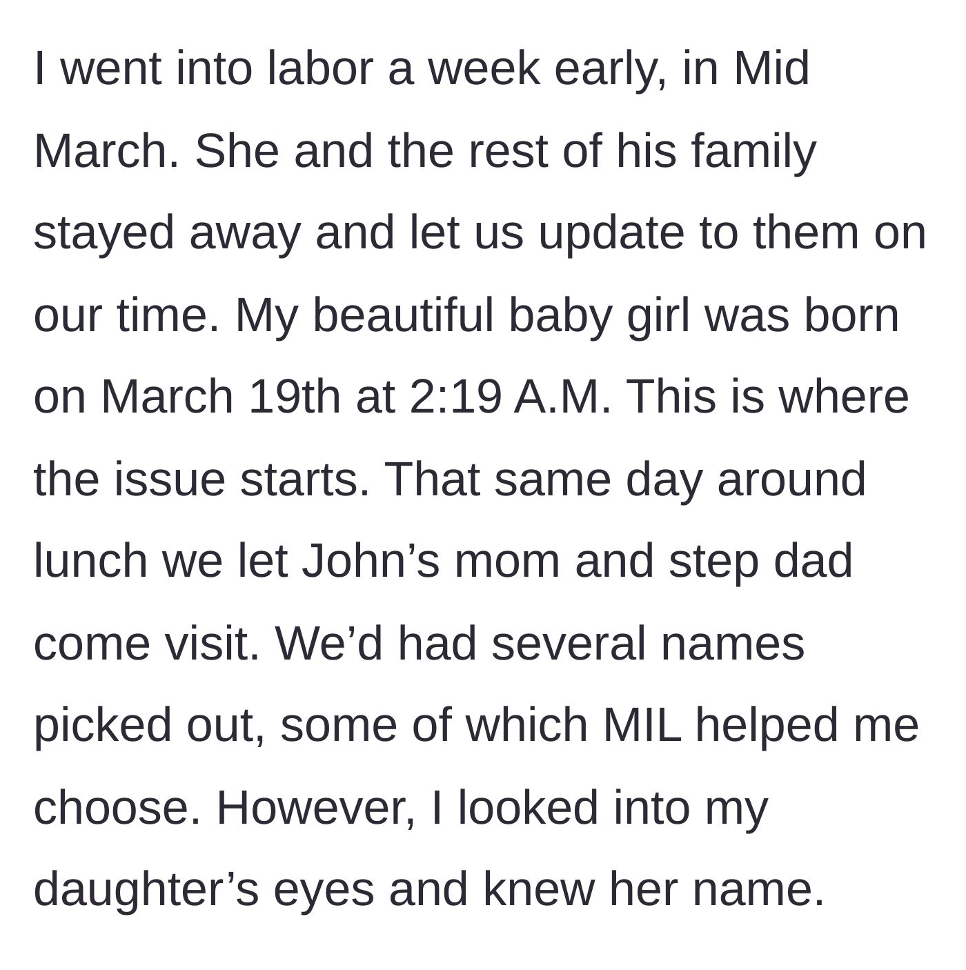 Story part 4 - The birth of the baby girl in mid-March and the mother-in-law's first hospital visit.