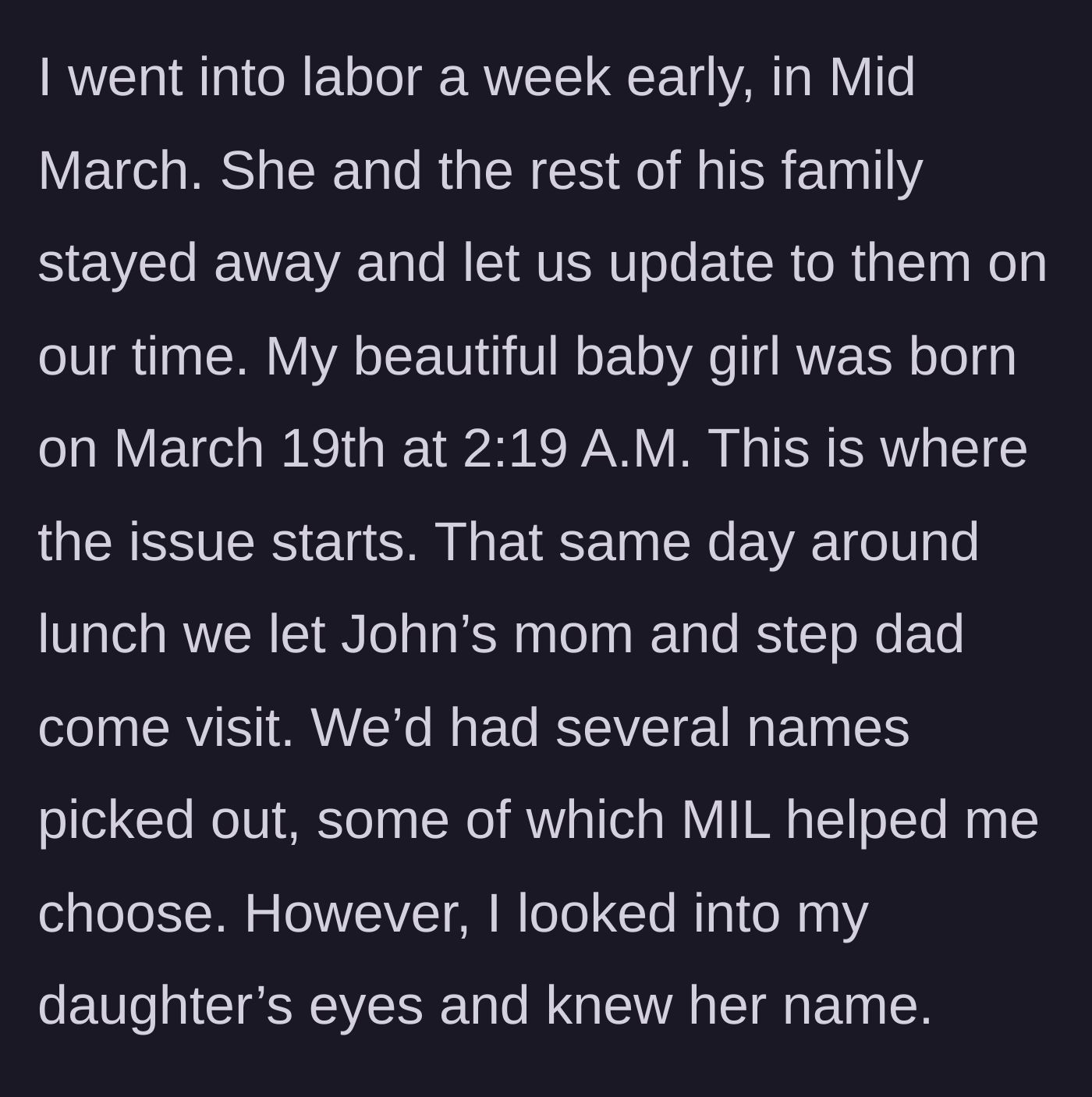 Story part 4 - The birth of the baby girl in mid-March and the mother-in-law's first hospital visit.