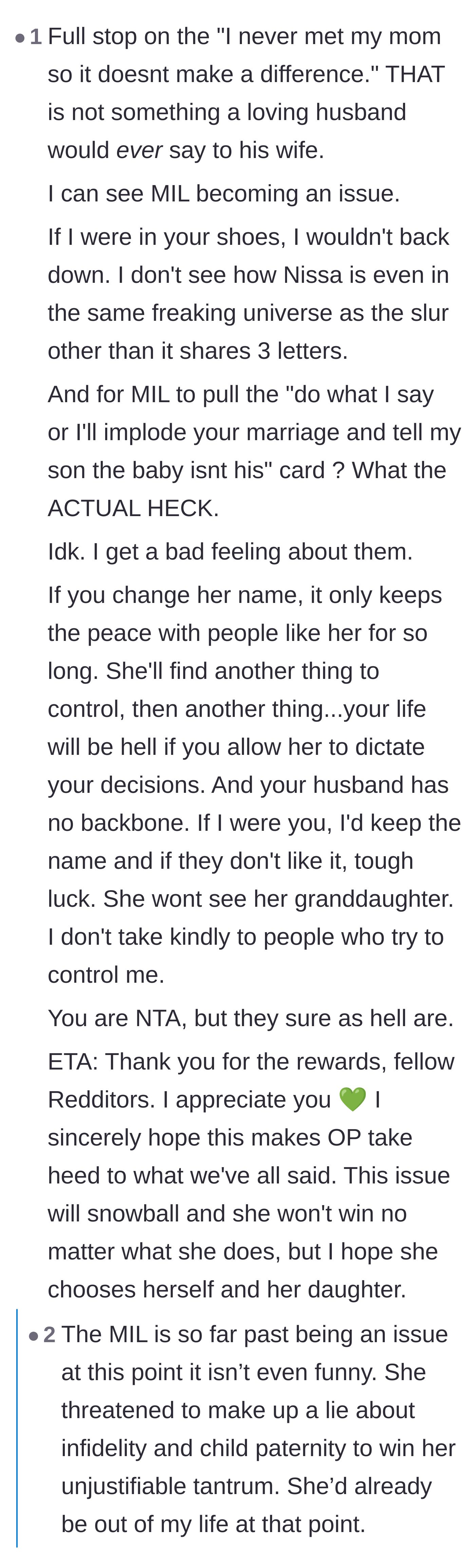 Comment thread 2 - Commenters express shock at the husband's cruel words about the author's late mother and the mother-in-law's paternity threat.
