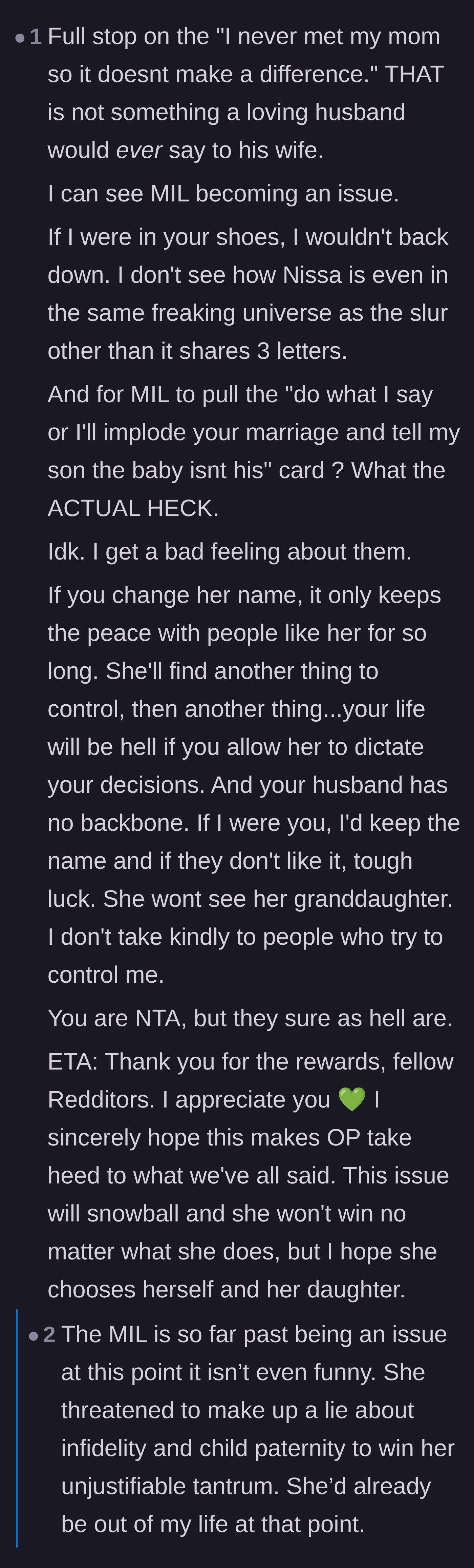 Comment thread 2 - Commenters express shock at the husband's cruel words about the author's late mother and the mother-in-law's paternity threat.