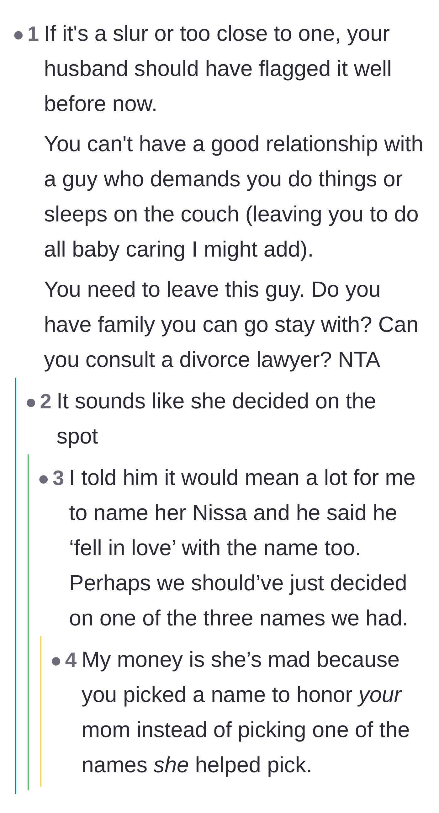 Comment thread 4 - Advice on establishing hard boundaries with a controlling mother-in-law and theories on why the husband was single for so long.