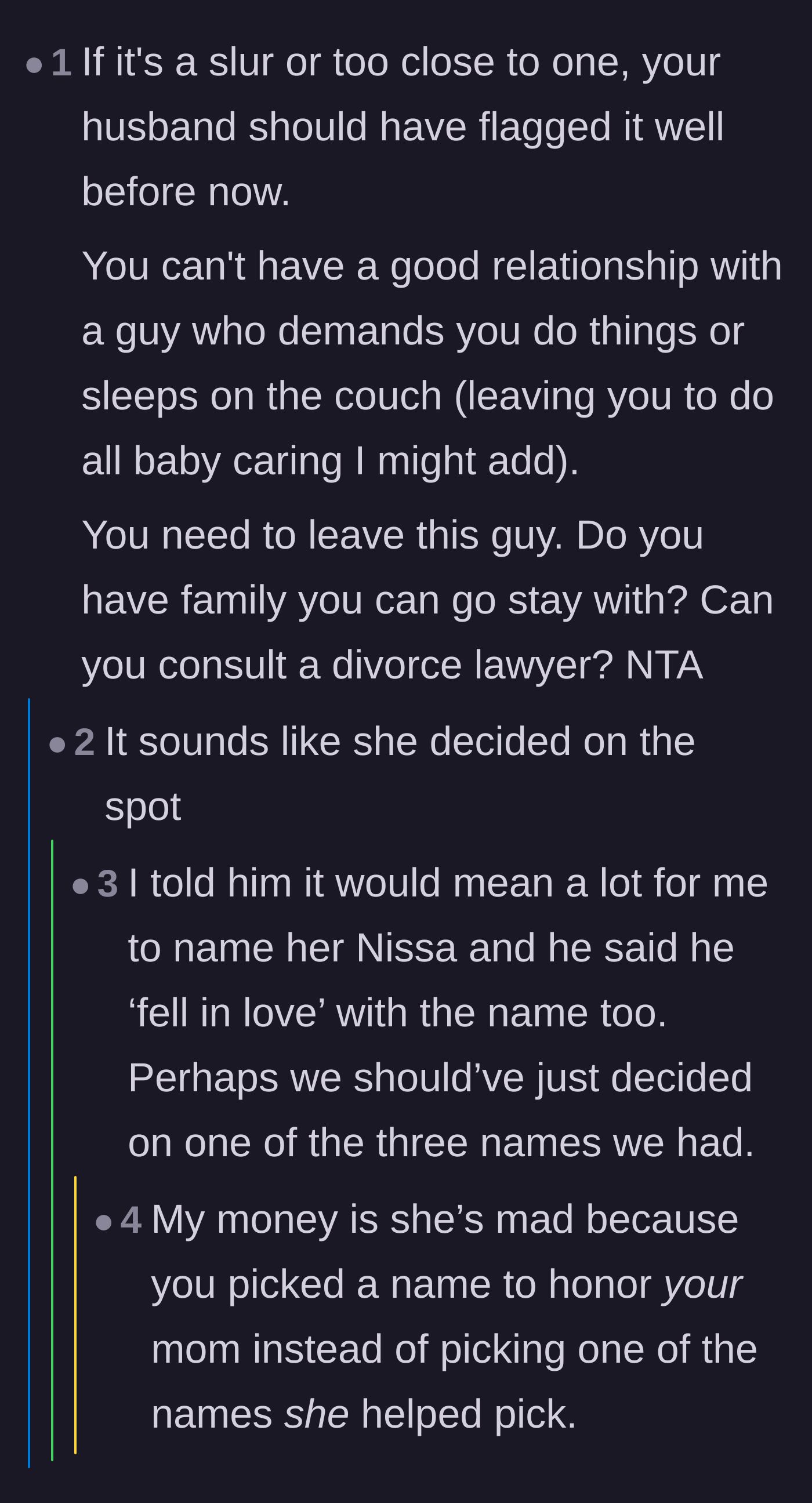 Comment thread 4 - Advice on establishing hard boundaries with a controlling mother-in-law and theories on why the husband was single for so long.
