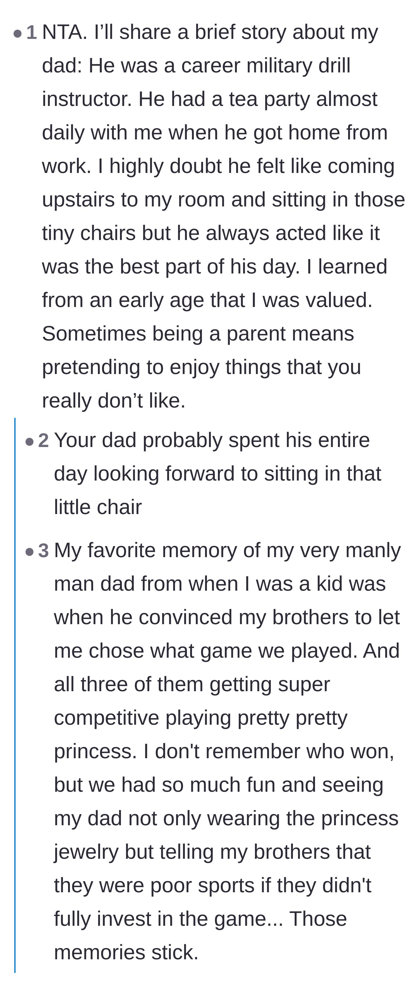 Comment thread 1 - Commenters sharing warm memories of fathers who enthusiastically pretended to enjoy childhood games just to make their kids happy.