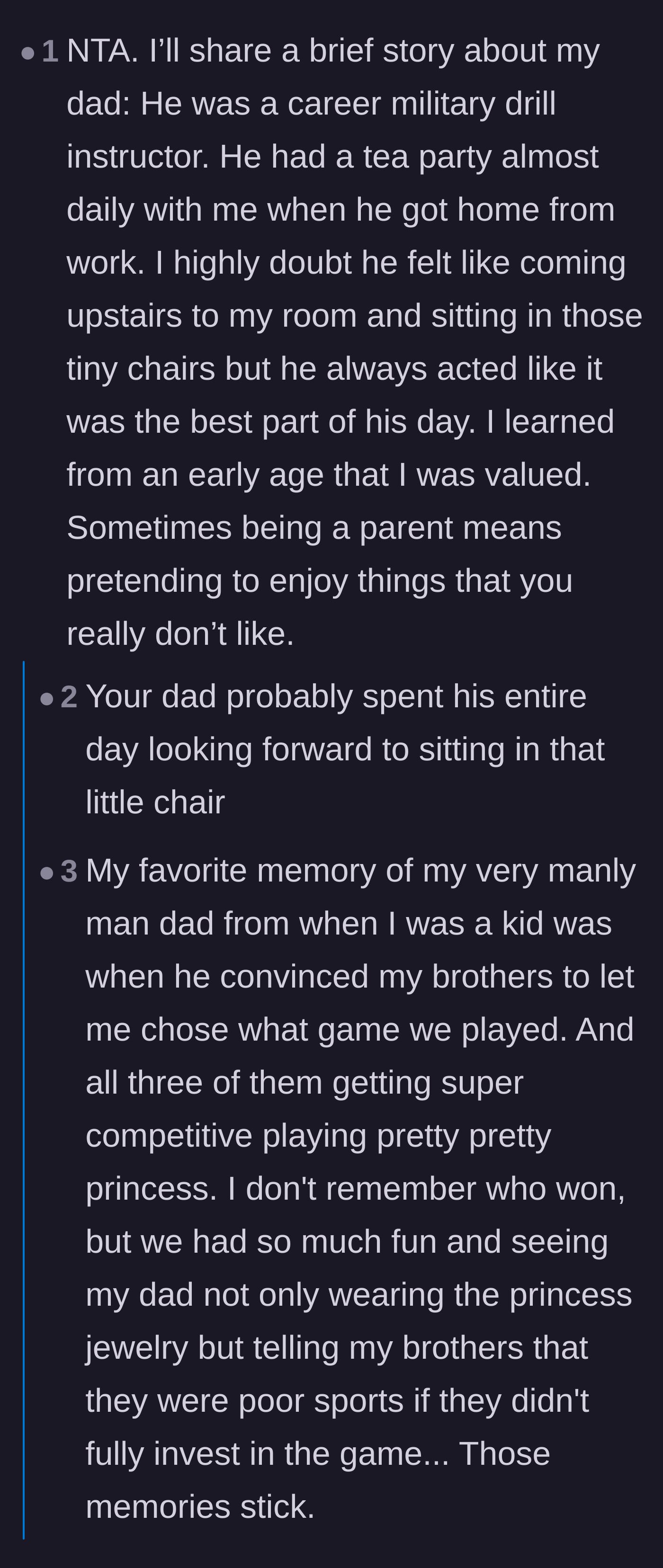 Comment thread 1 - Commenters sharing warm memories of fathers who enthusiastically pretended to enjoy childhood games just to make their kids happy.