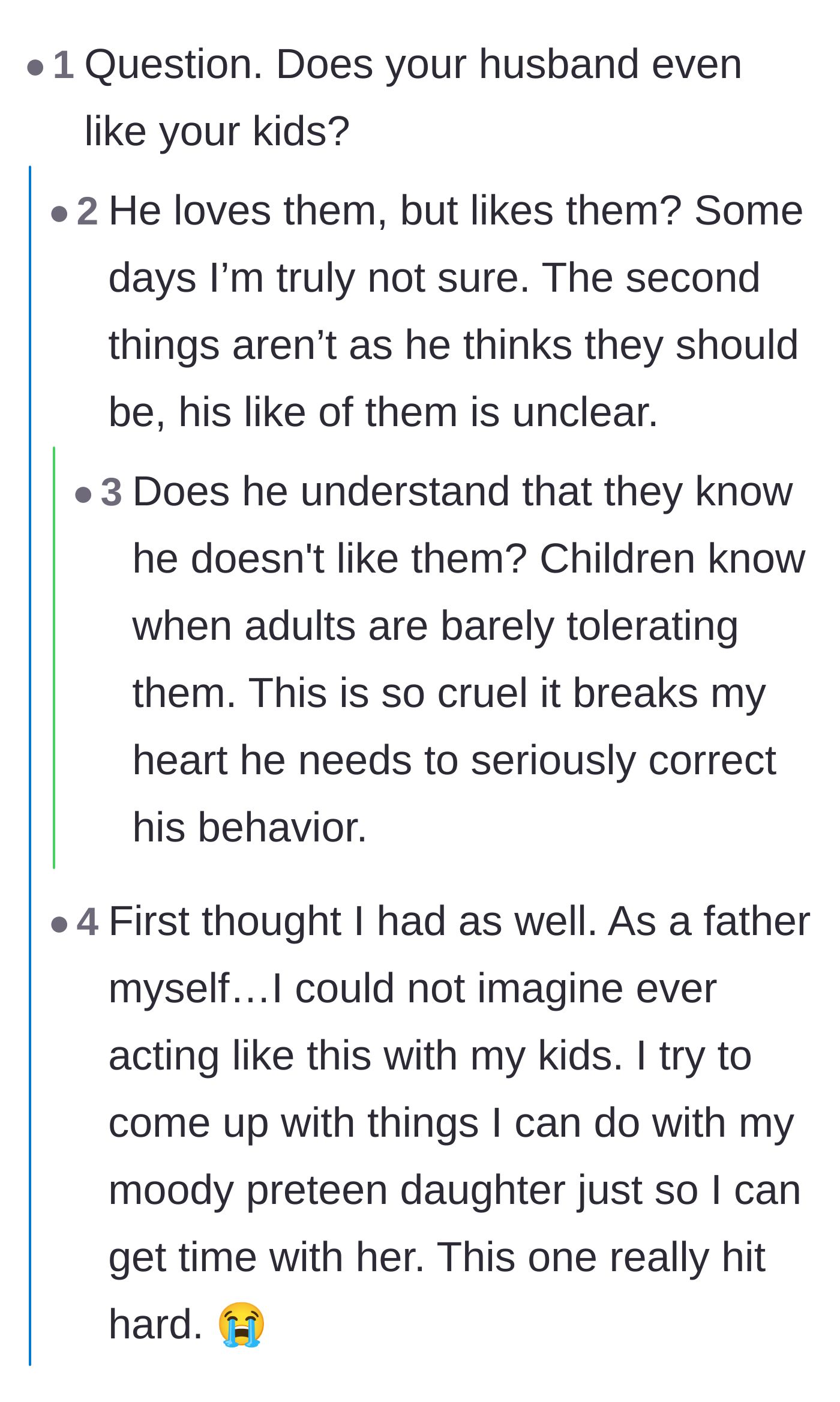 Comment thread 2 - A deep discussion about the difference between loving a child and actually liking them, and how paternal rejection damages a child's future self-worth.