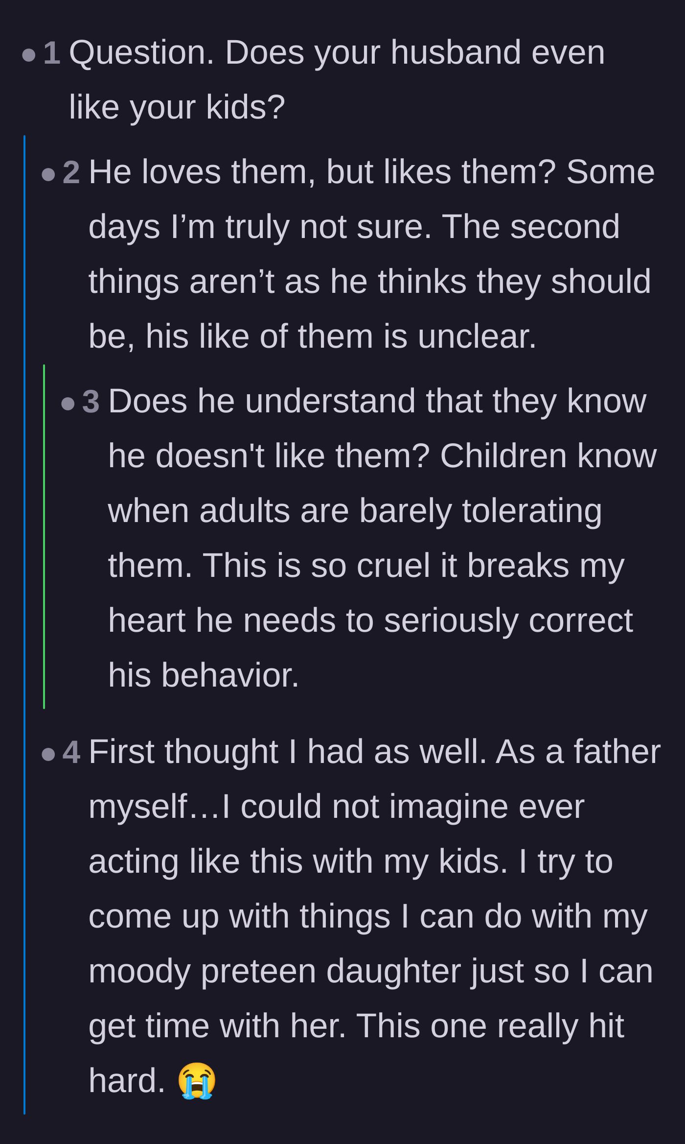 Comment thread 2 - A deep discussion about the difference between loving a child and actually liking them, and how paternal rejection damages a child's future self-worth.