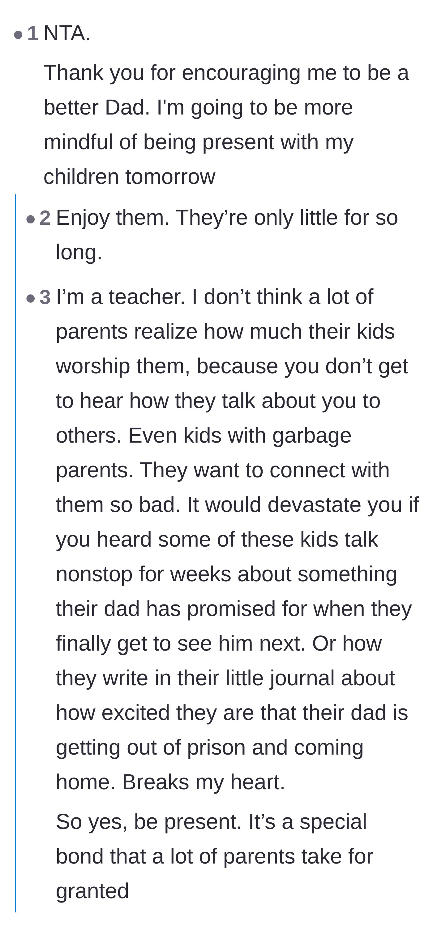 Comment thread 5 - A fellow father and a teacher discussing how much children crave connection and idolize their parents, even when they are neglected.