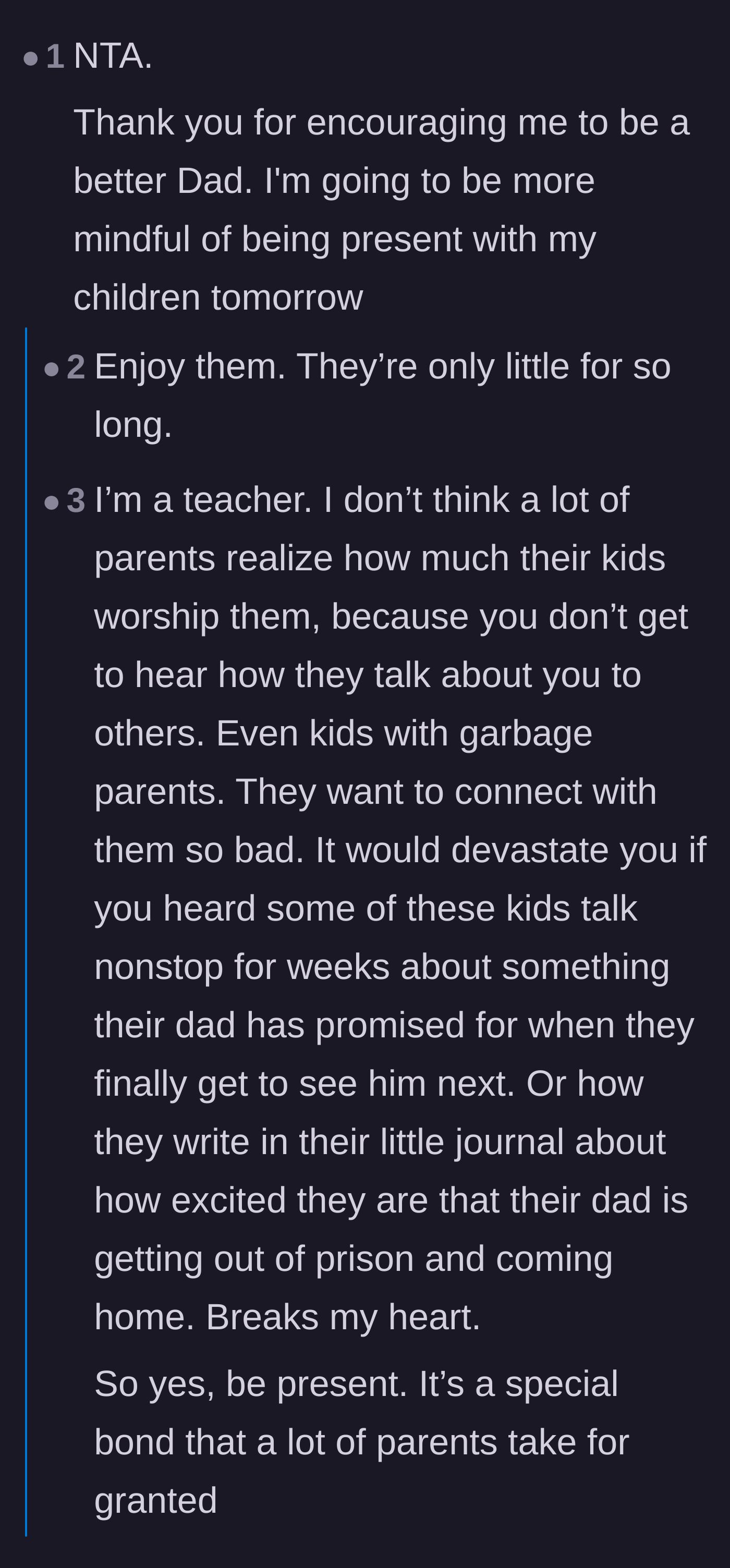 Comment thread 5 - A fellow father and a teacher discussing how much children crave connection and idolize their parents, even when they are neglected.