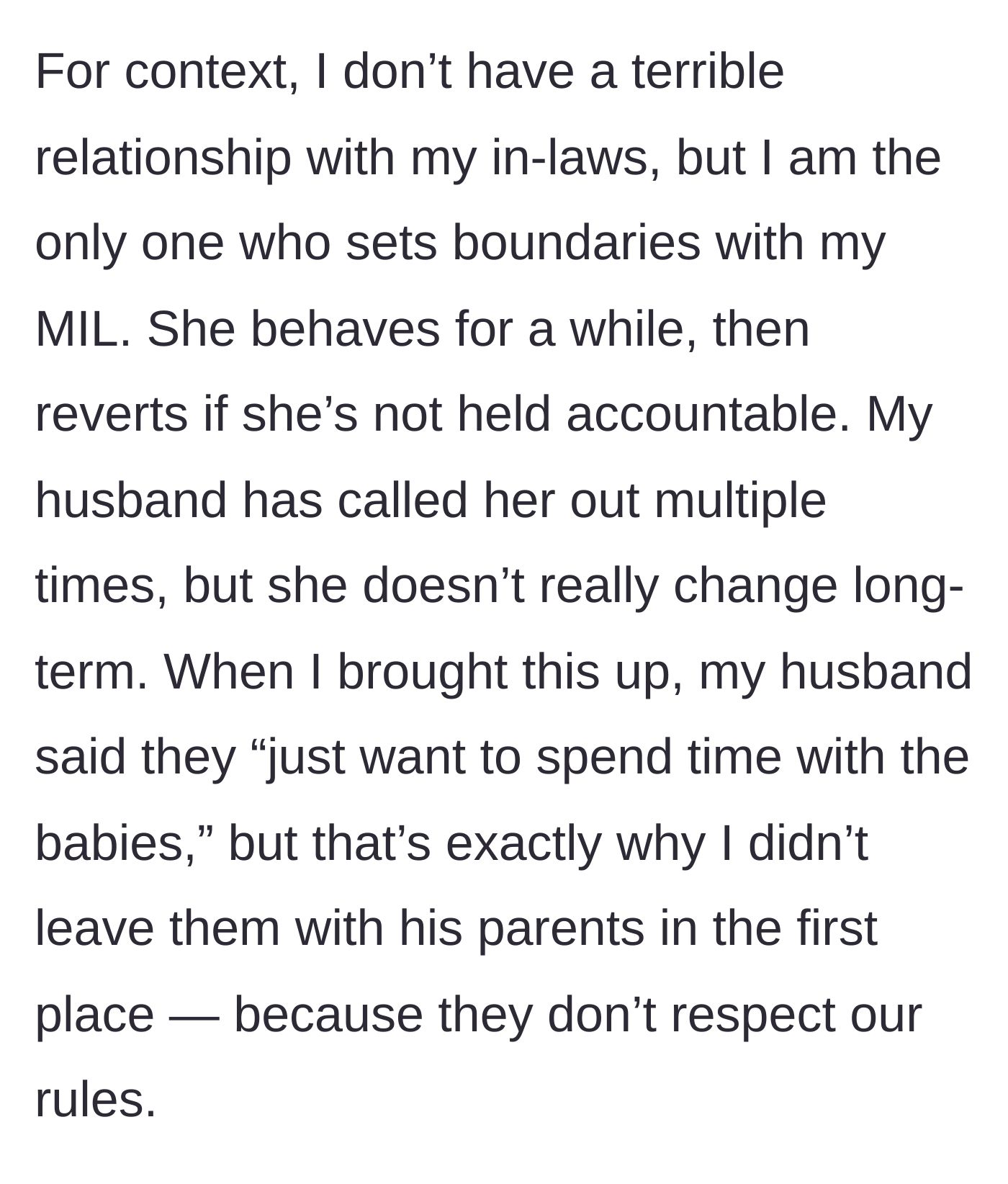 Story part 5 - The mother explains that she is the only one who enforces rules with her mother-in-law, and her husband temporarily makes an excuse for his parents.
