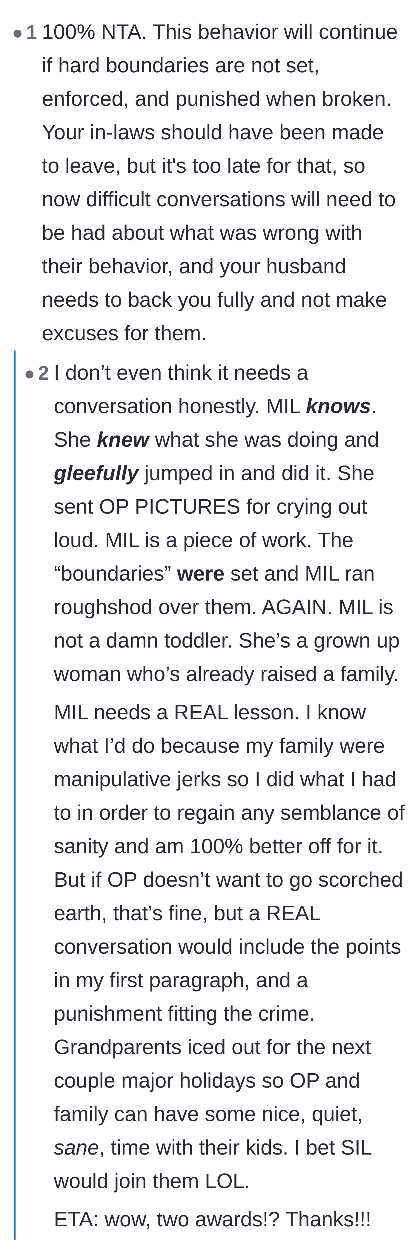 Comment thread 1 - Discussing strict consequences and timeouts for the mother-in-law's boundary-stomping