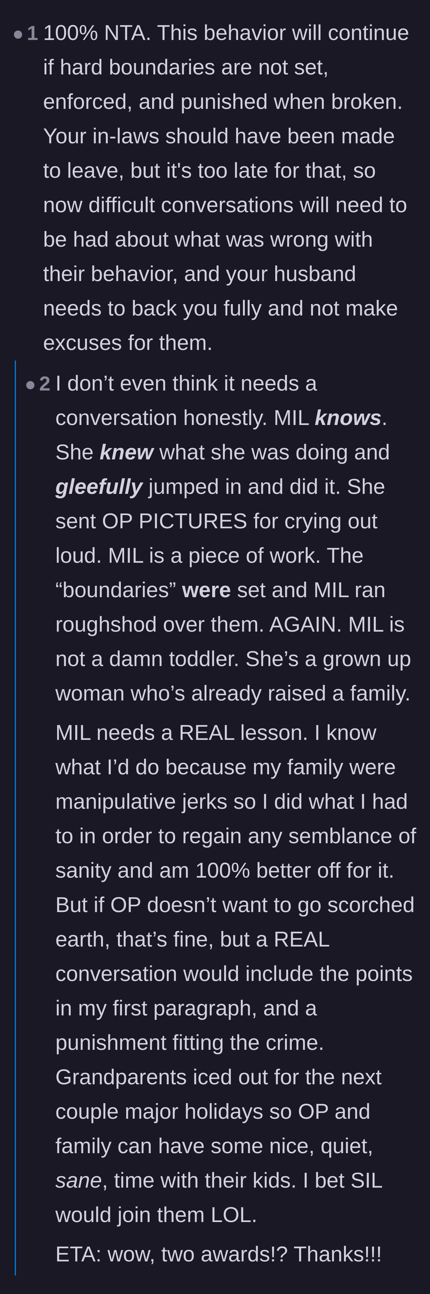 Comment thread 1 - Discussing strict consequences and timeouts for the mother-in-law's boundary-stomping