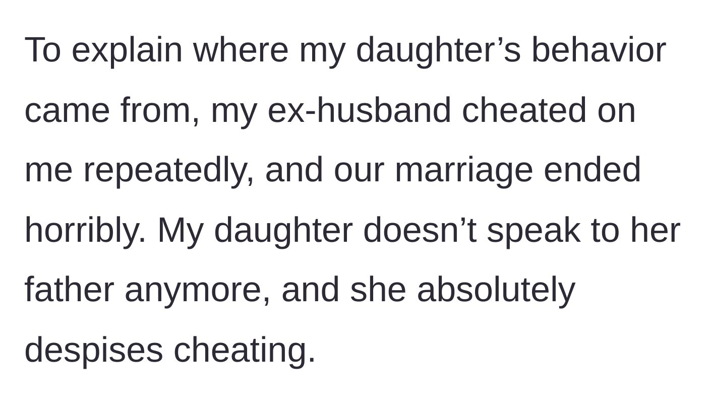 Story part 2 - A teenager dealing with the traumatic fallout of her father's infidelity.