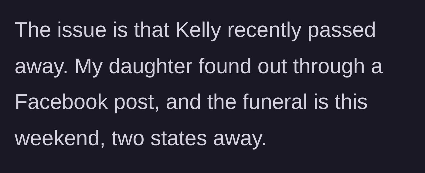 Story part 5 - A tragic Facebook post announcing a young woman's passing.