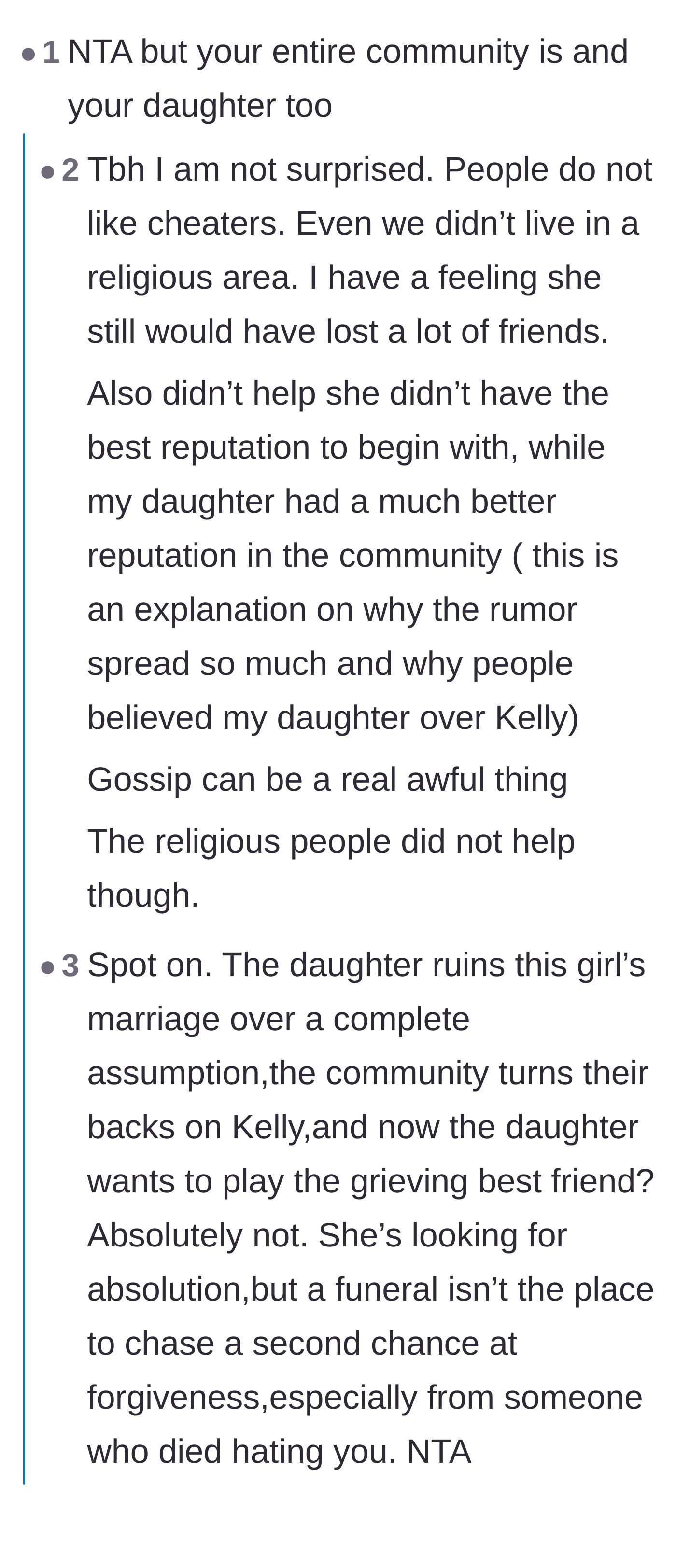 Comment thread 1 - Readers debating the harsh judgment of the religious community and the daughter's main character syndrome.