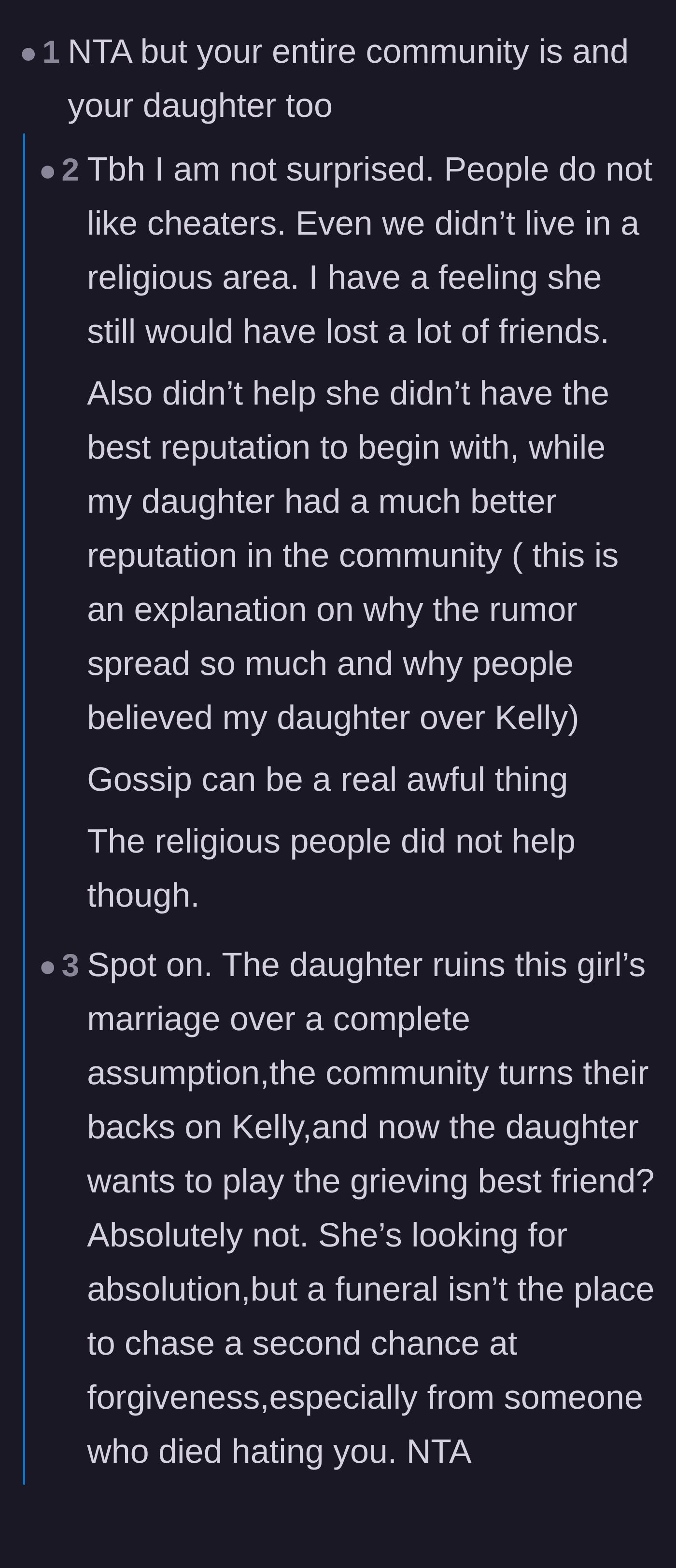 Comment thread 1 - Readers debating the harsh judgment of the religious community and the daughter's main character syndrome.