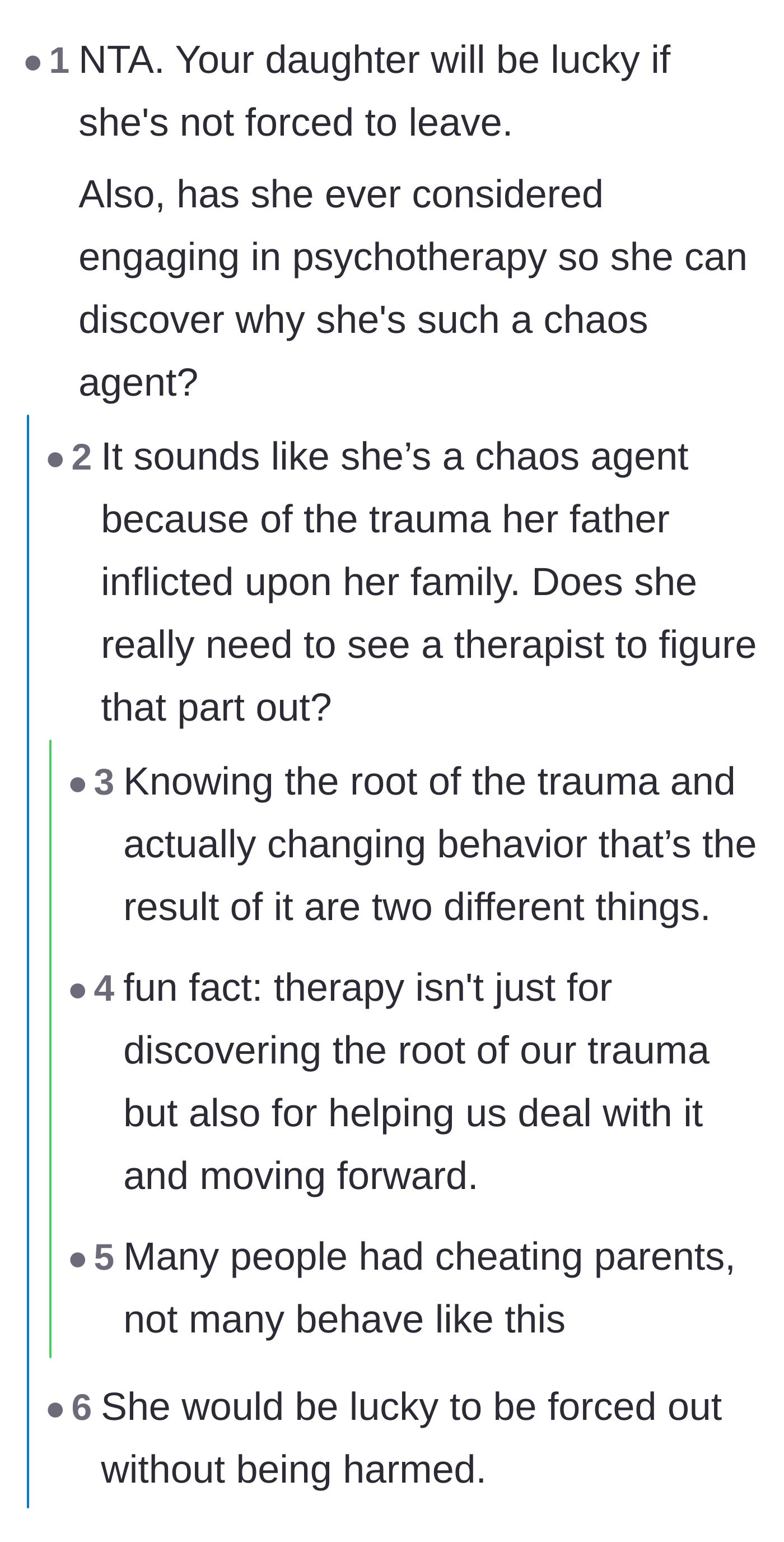 Comment thread 2 - Commenters discussing how the daughter needs intensive therapy to address her unhealed childhood trauma.