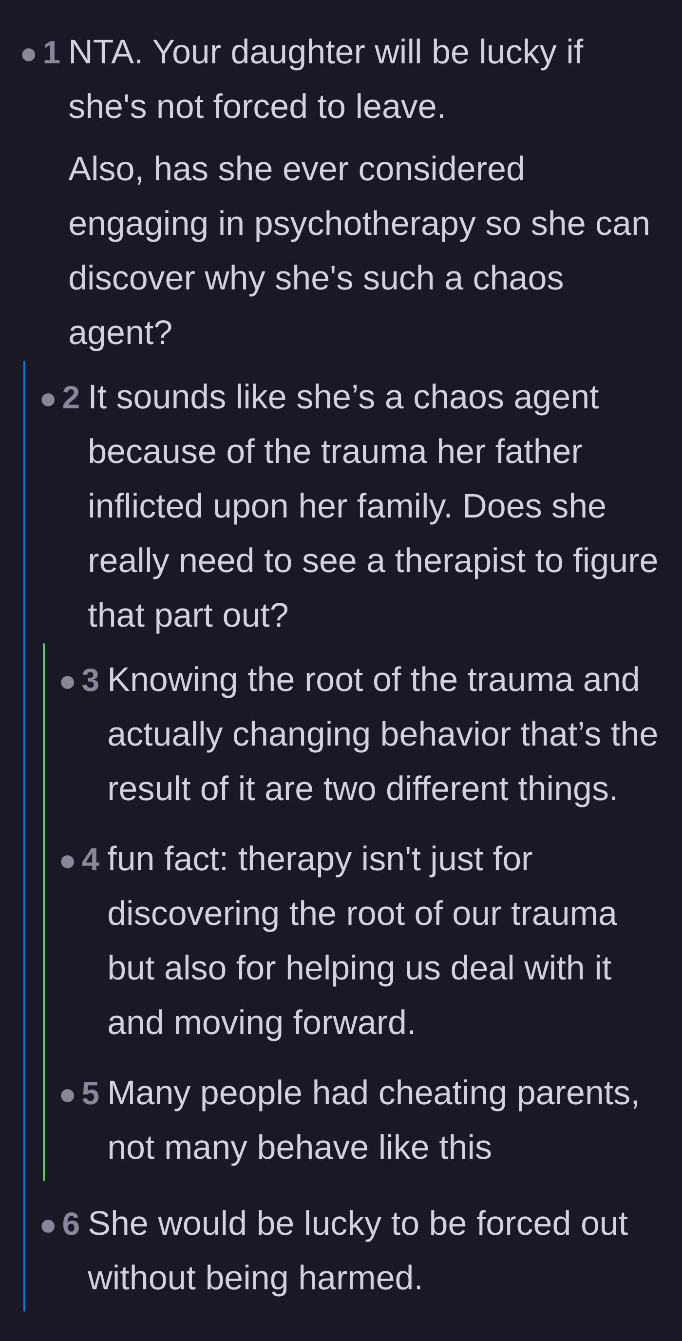 Comment thread 2 - Commenters discussing how the daughter needs intensive therapy to address her unhealed childhood trauma.