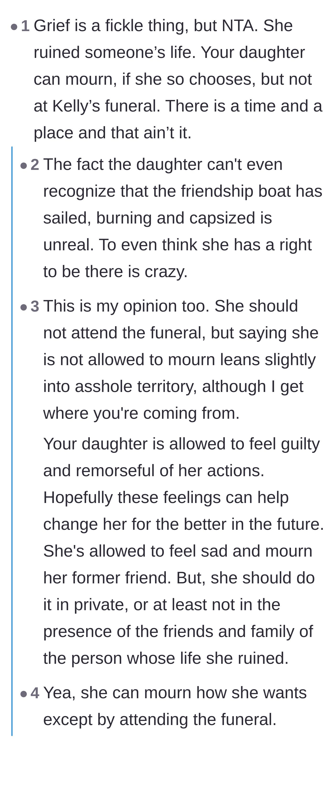 Comment thread 3 - A discussion about how funerals are for the living and the daughter's desire to go is purely selfish.