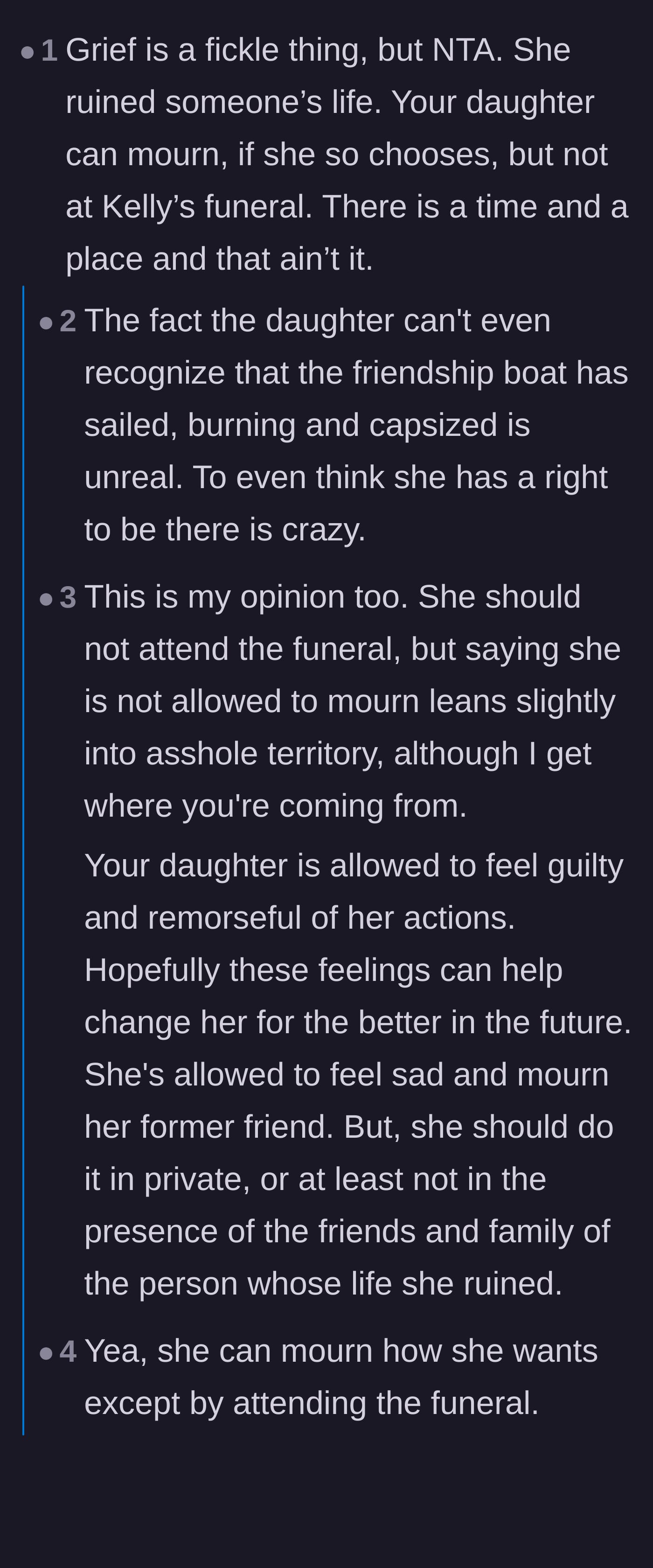 Comment thread 3 - A discussion about how funerals are for the living and the daughter's desire to go is purely selfish.