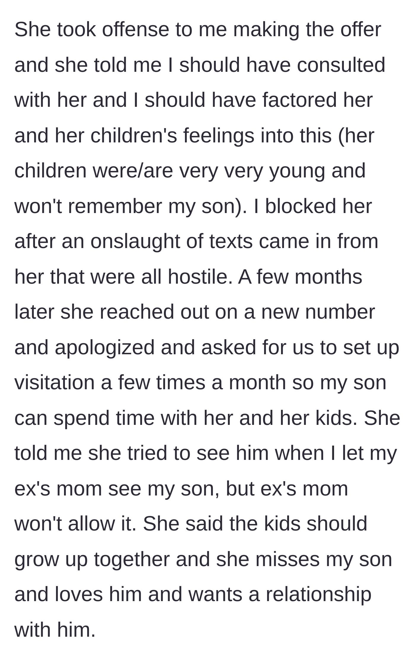 Story part 7 - The angry stepmother berates the mother, then later begs for visitation so her kids can have a sibling.