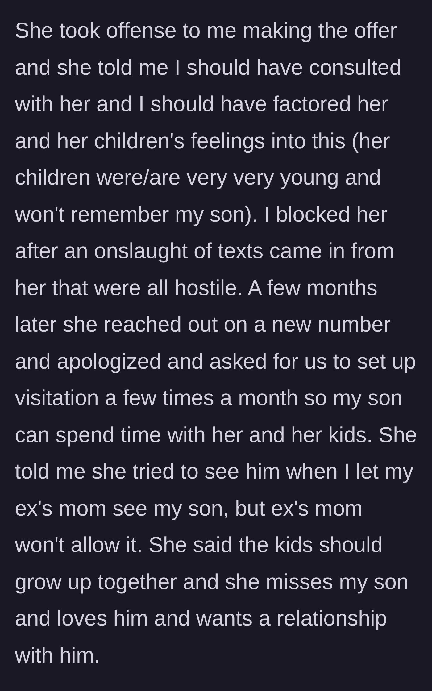 Story part 7 - The angry stepmother berates the mother, then later begs for visitation so her kids can have a sibling.