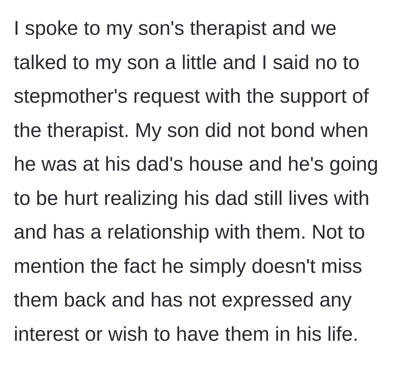 Story part 8 - With the therapist's backing, the mother refuses the stepmother's request to protect her son.
