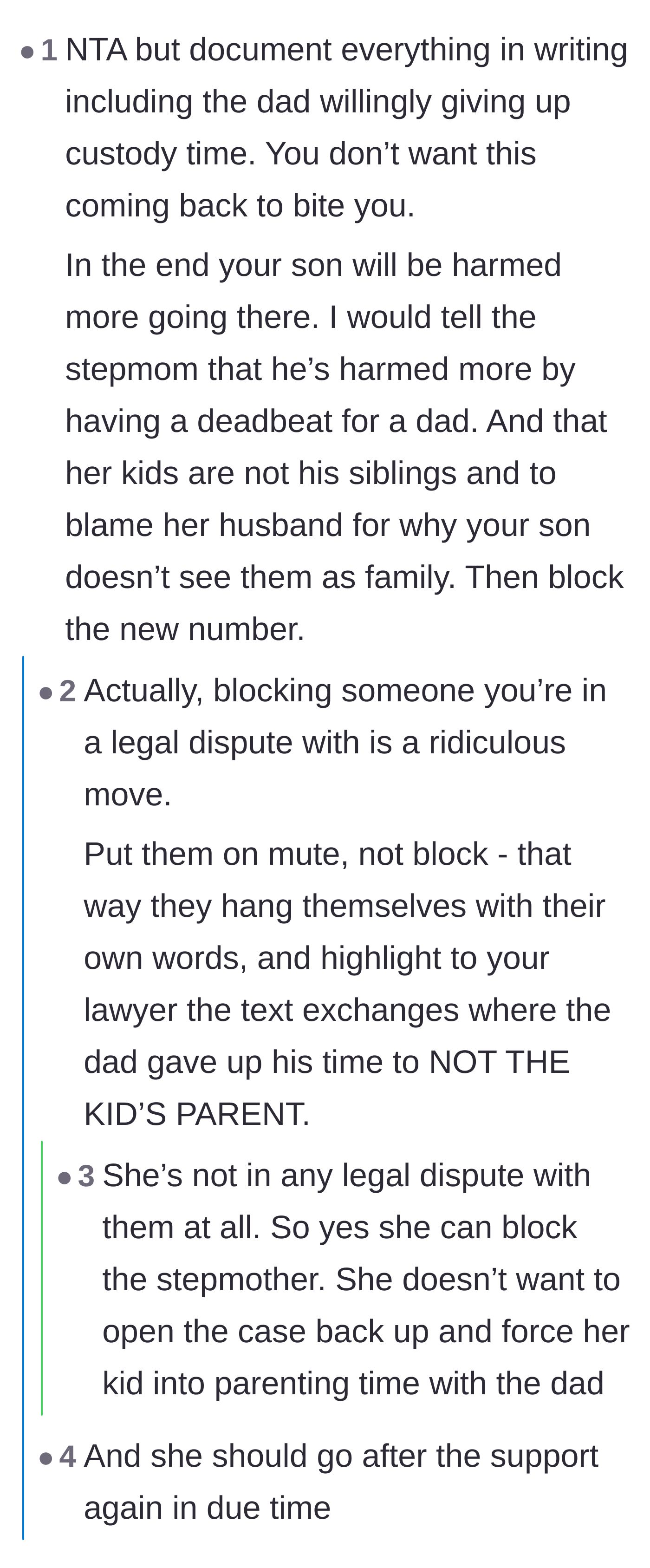 Comment thread 2 - A debate on the smartest way to handle toxic communication, specifically whether to block the stepmother or keep her on mute for legal documentation.