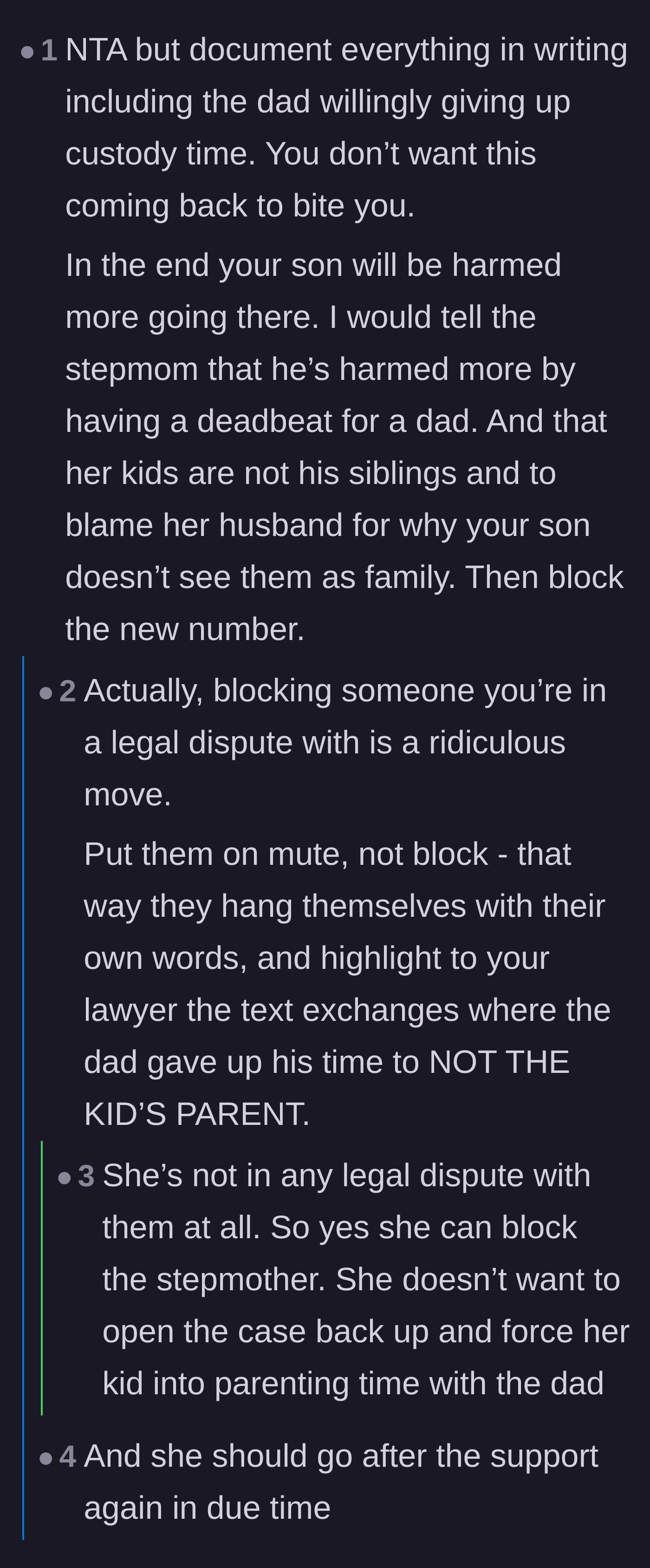 Comment thread 2 - A debate on the smartest way to handle toxic communication, specifically whether to block the stepmother or keep her on mute for legal documentation.