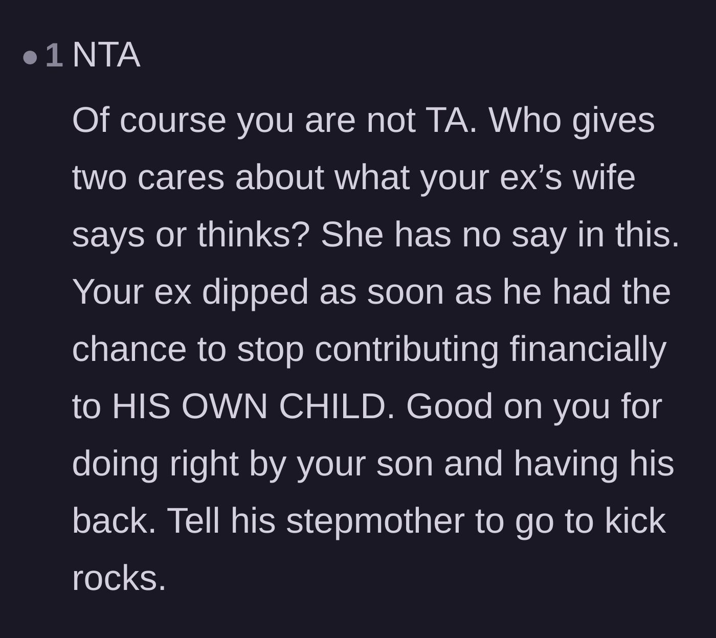 Comment thread 4 - A passionate defense of the mother's decision to cut ties with the deadbeat father and ignore the stepmother's completely invalid demands.
