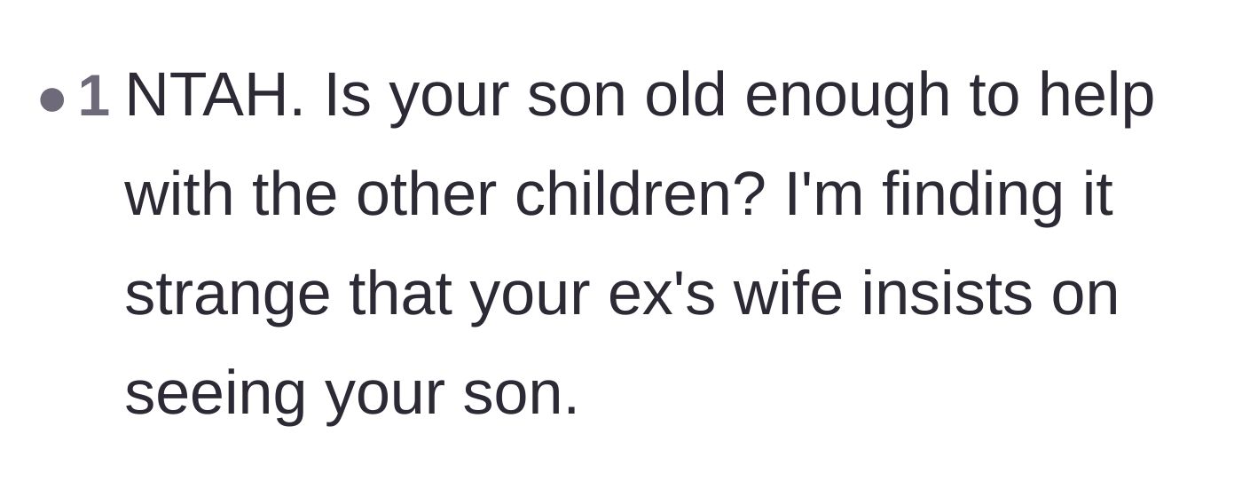Comment thread 5 - A reader bluntly questions the stepmother's bizarre persistence, pointing out the suspicious timing of wanting a nine-year-old around a new baby.