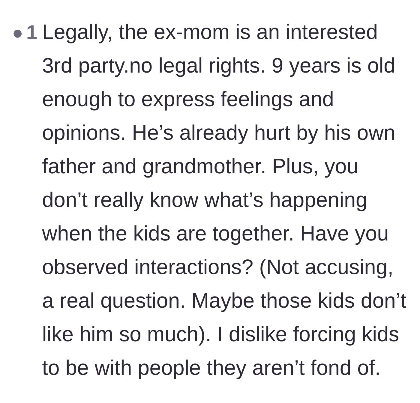 Comment thread 6 - A reminder that nine-year-olds have valid emotional boundaries and that forcing relationships on them only compounds the trauma of a father's rejection.